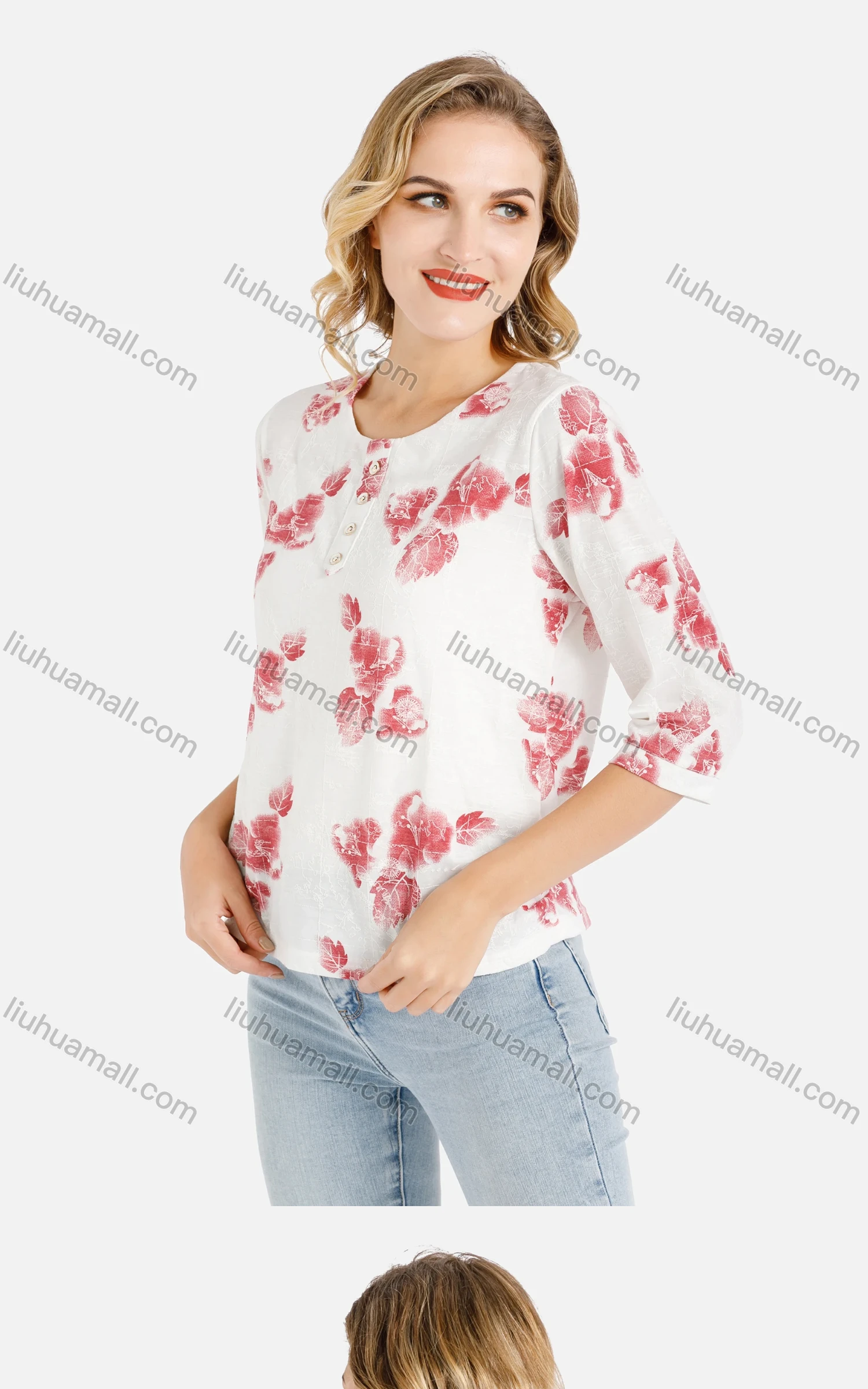 Wholesale Women's Casual Red Floral Print Button Front Round Neck Blouse - Liuhuamall