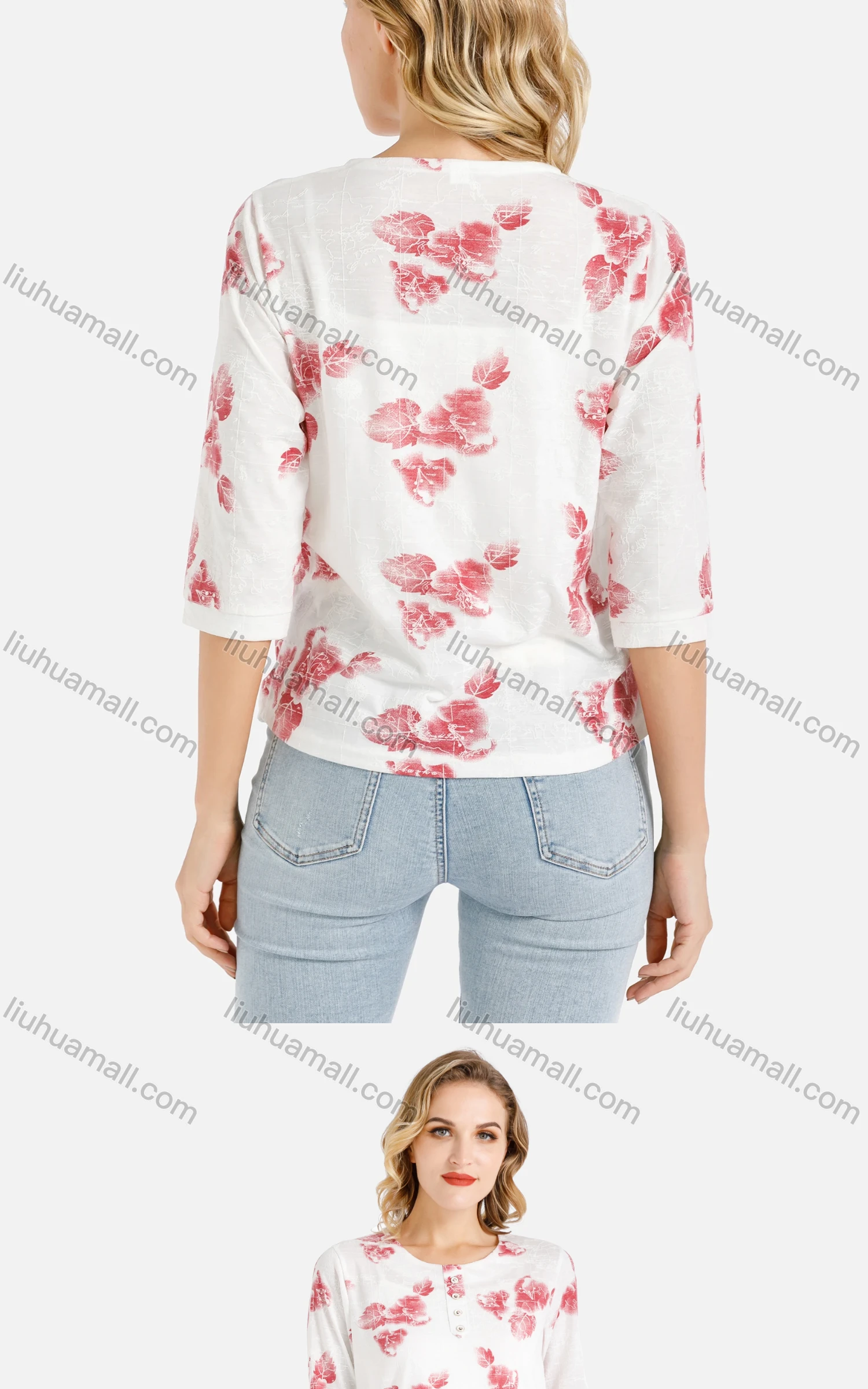 Wholesale Women's Casual Red Floral Print Button Front Round Neck Blouse - Liuhuamall