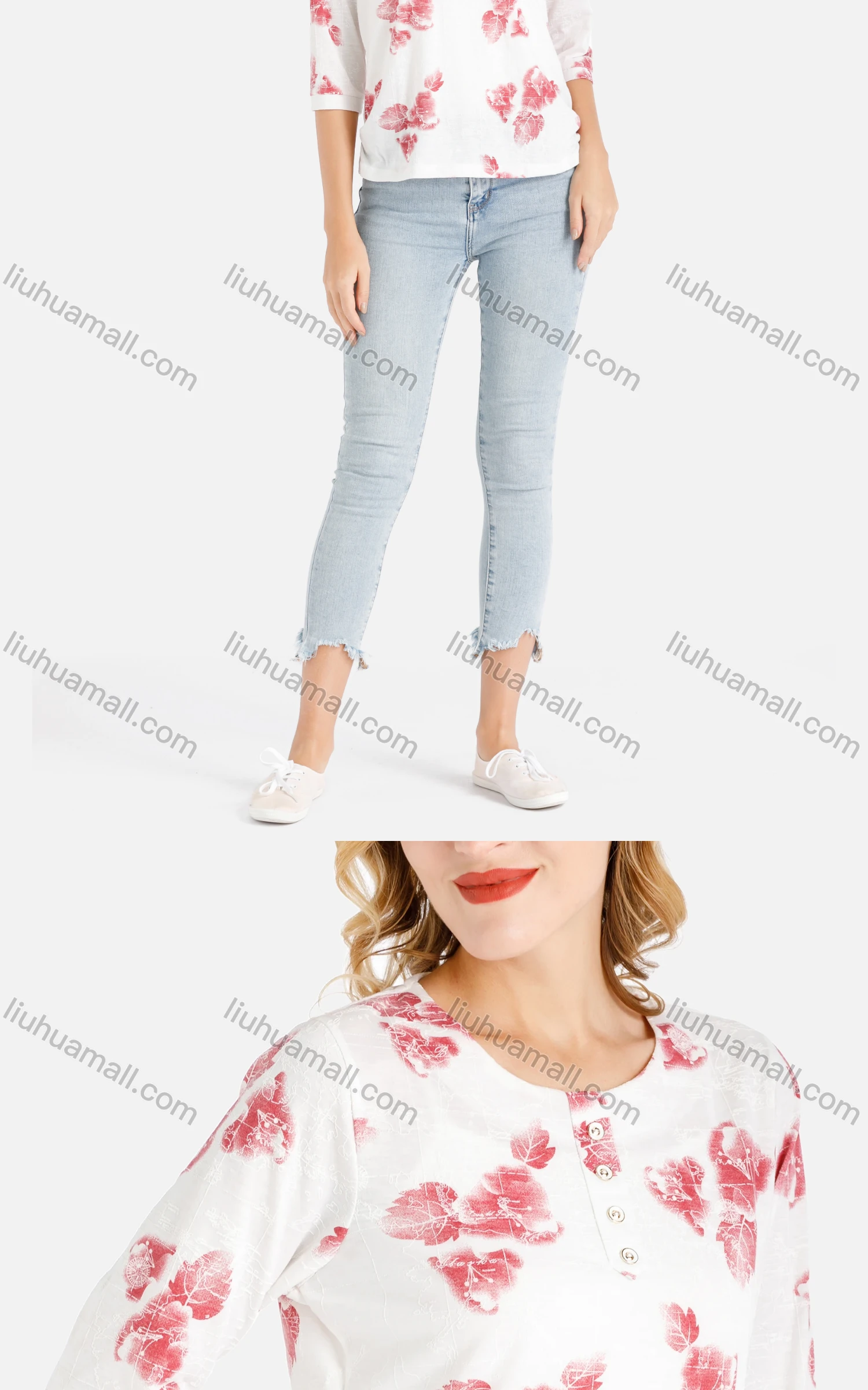 Wholesale Women's Casual Red Floral Print Button Front Round Neck Blouse - Liuhuamall