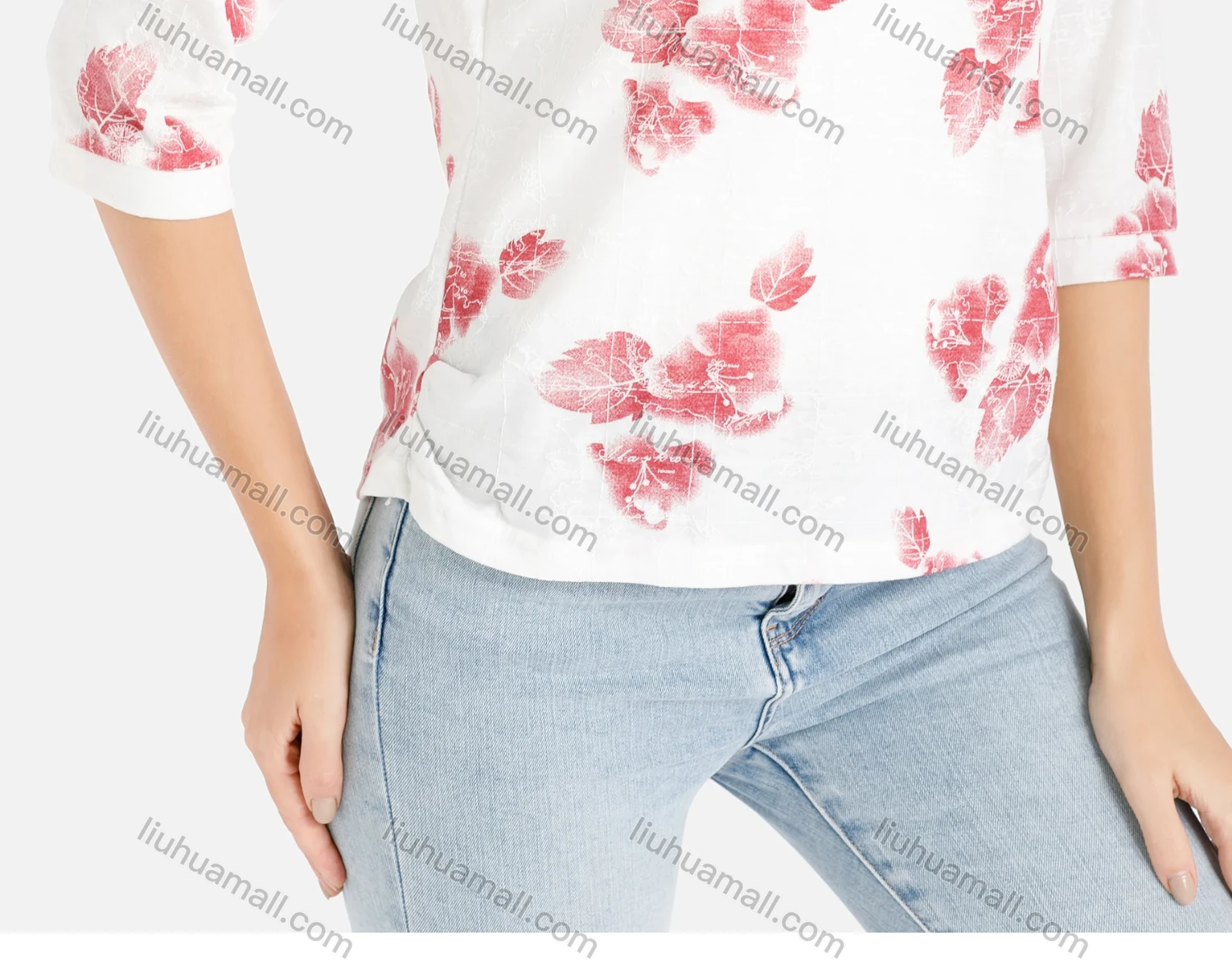 Wholesale Women's Casual Red Floral Print Button Front Round Neck Blouse - Liuhuamall