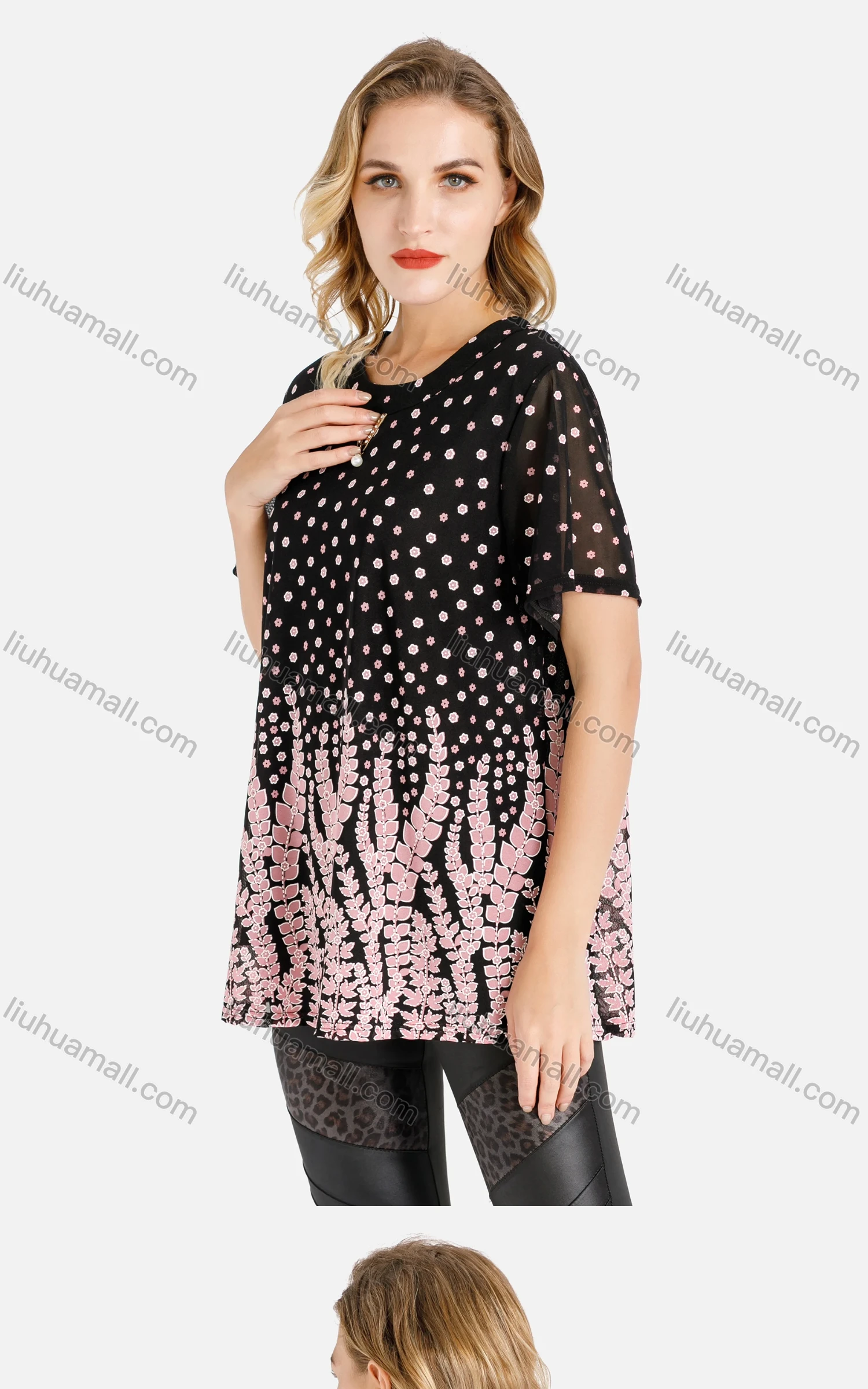 Wholesale Women's Round Neck Floral And Leaf Print Preal Rhinestone Decor Short Sleeve Blouse - Liuhuamall