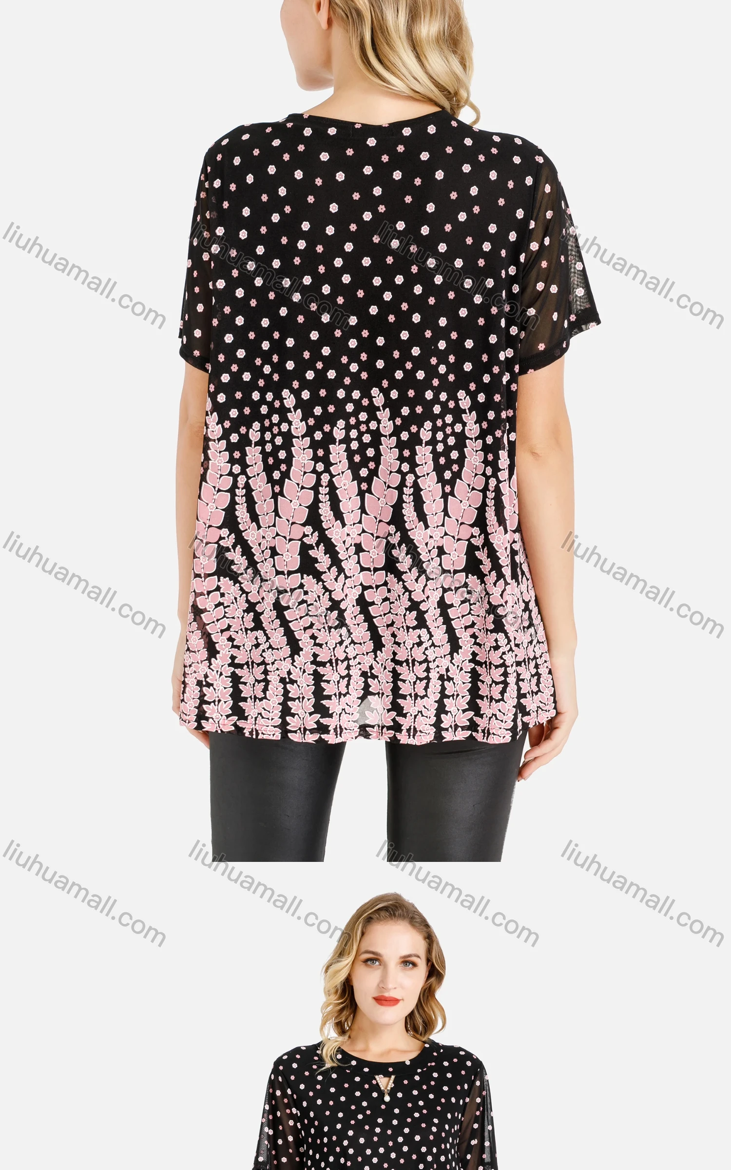 Wholesale Women's Round Neck Floral And Leaf Print Preal Rhinestone Decor Short Sleeve Blouse - Liuhuamall