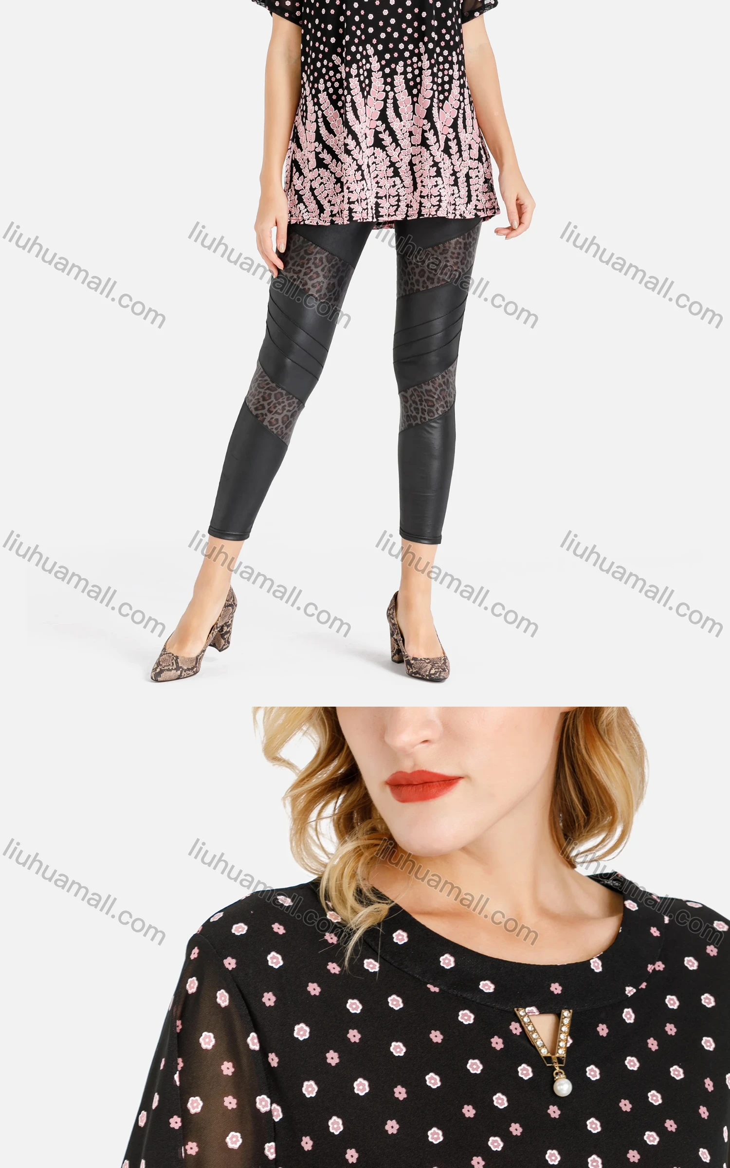 Wholesale Women's Round Neck Floral And Leaf Print Preal Rhinestone Decor Short Sleeve Blouse - Liuhuamall