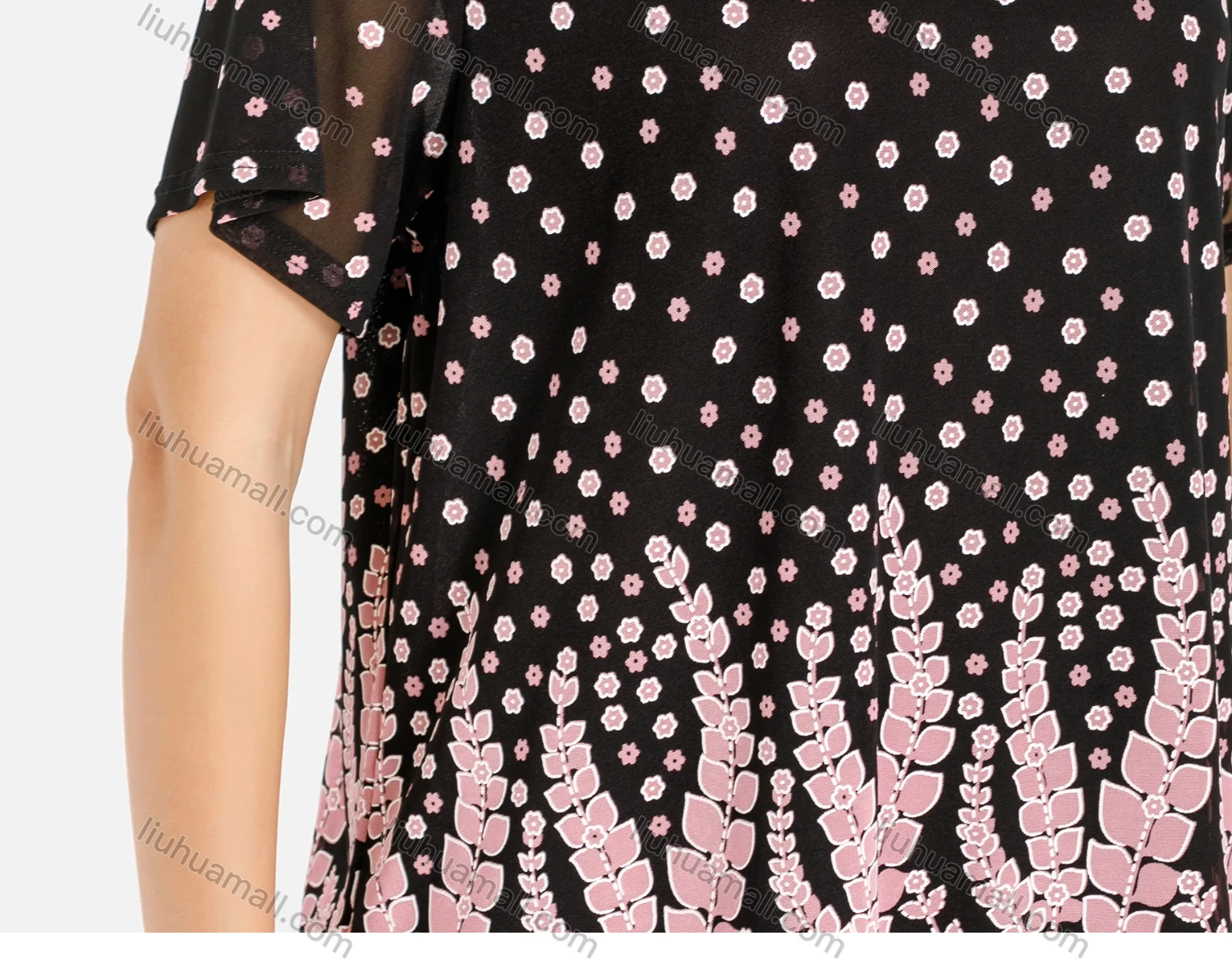 Wholesale Women's Round Neck Floral And Leaf Print Preal Rhinestone Decor Short Sleeve Blouse - Liuhuamall