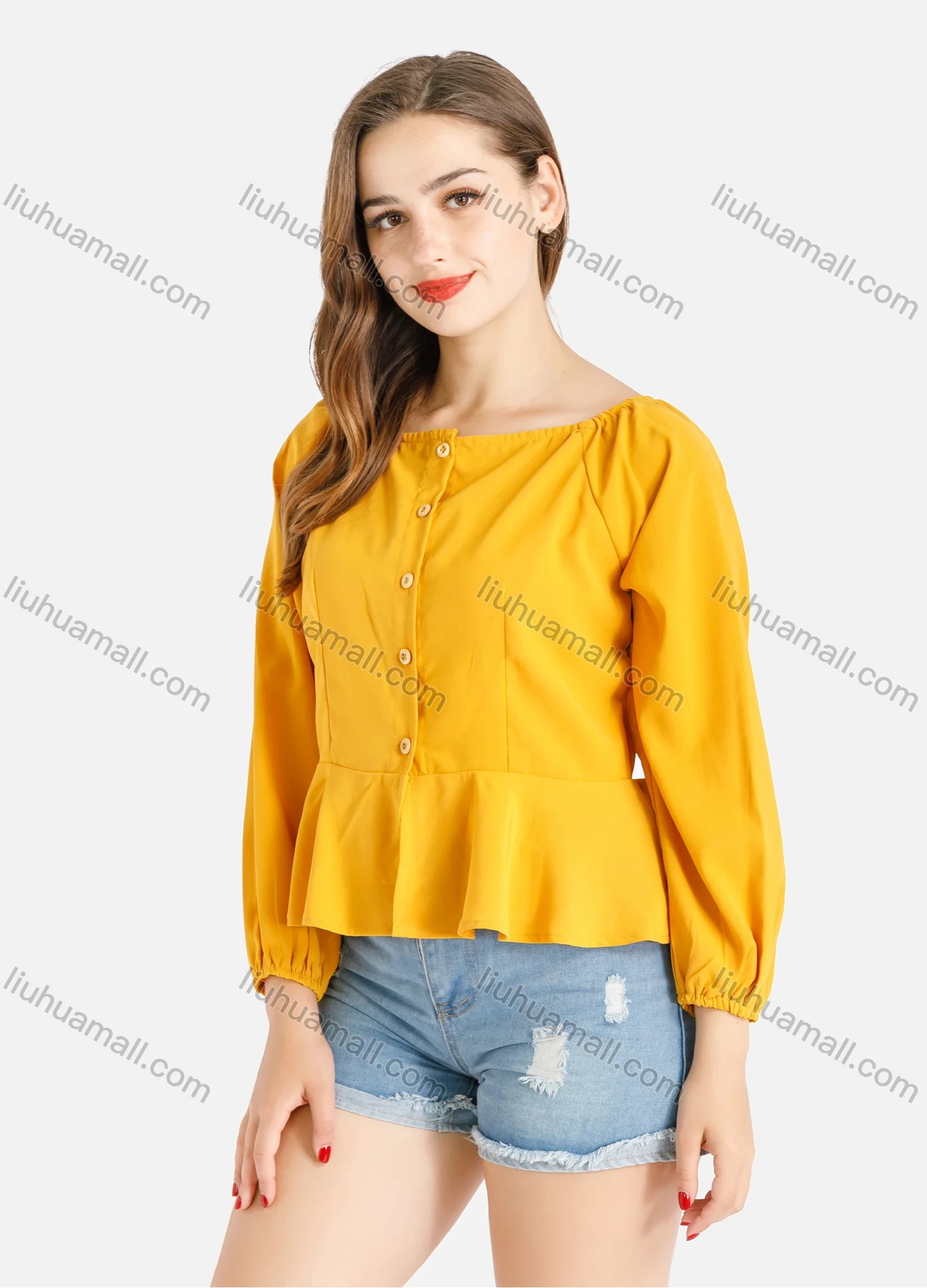Wholesale Women's Casual Ruched Ruffle Trim Button Down Blouse - Liuhuamall