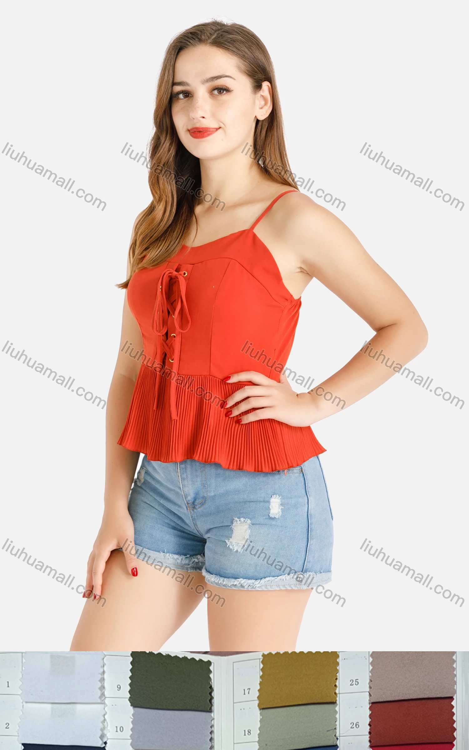 Wholesale Women's Casual Chiffon Spaghetti Strap Shirred Peplum Hem Cami Top - Liuhuamall