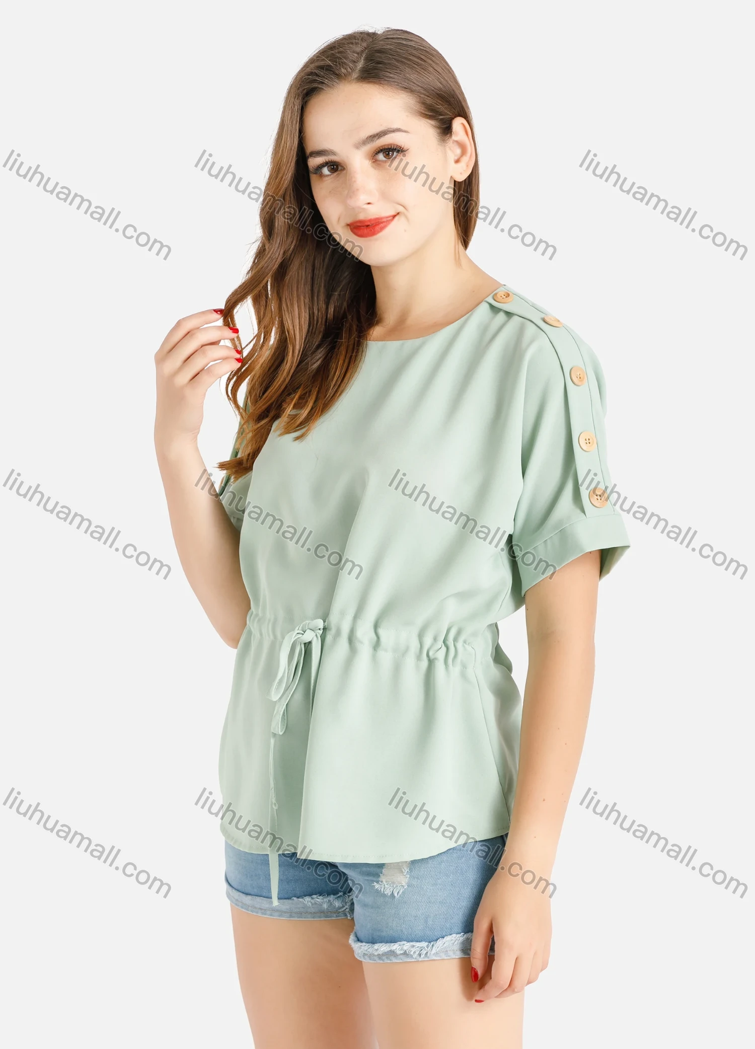 Wholesale Women's Crew Neck Drawstring Button Decor Chiffon Casual Blouse - Liuhuamall