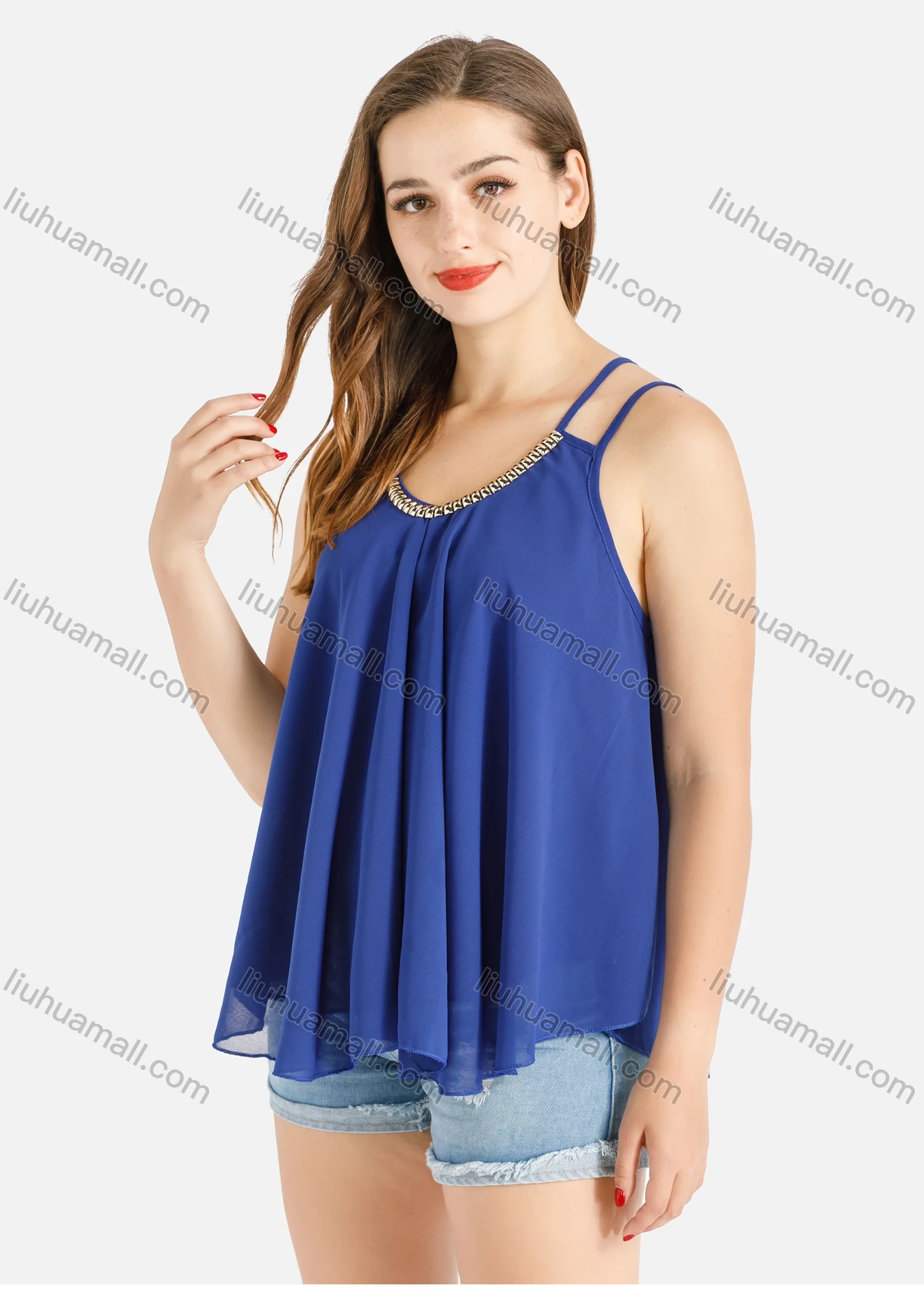 Wholesale Women's Casual Metal Decor Ruched Chiffon Cami Top - Liuhuamall