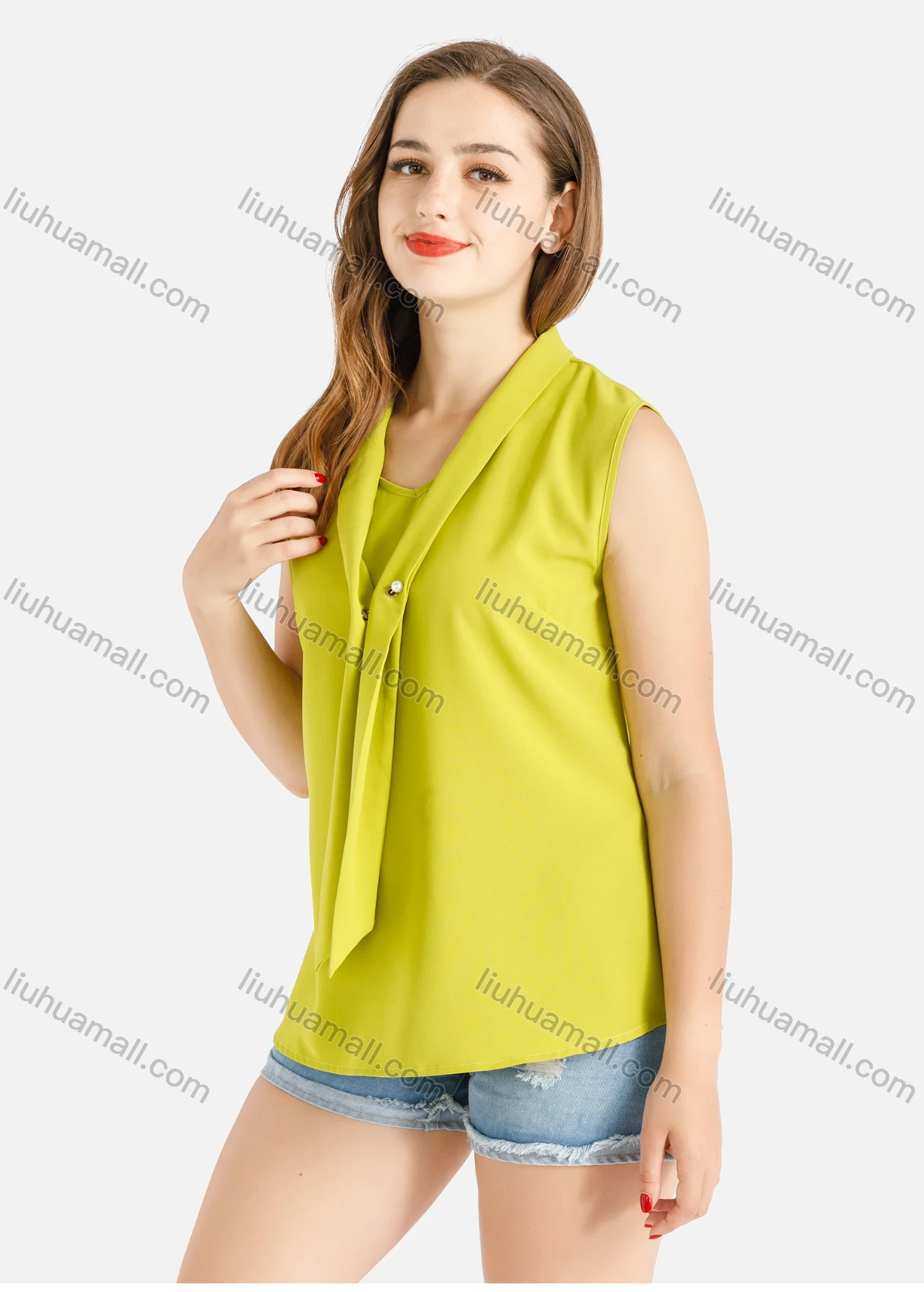 Wholesale Women's Casual Chiffon Tie Neck Pearl Decro Plain Sleeveless Blouse - Liuhuamall