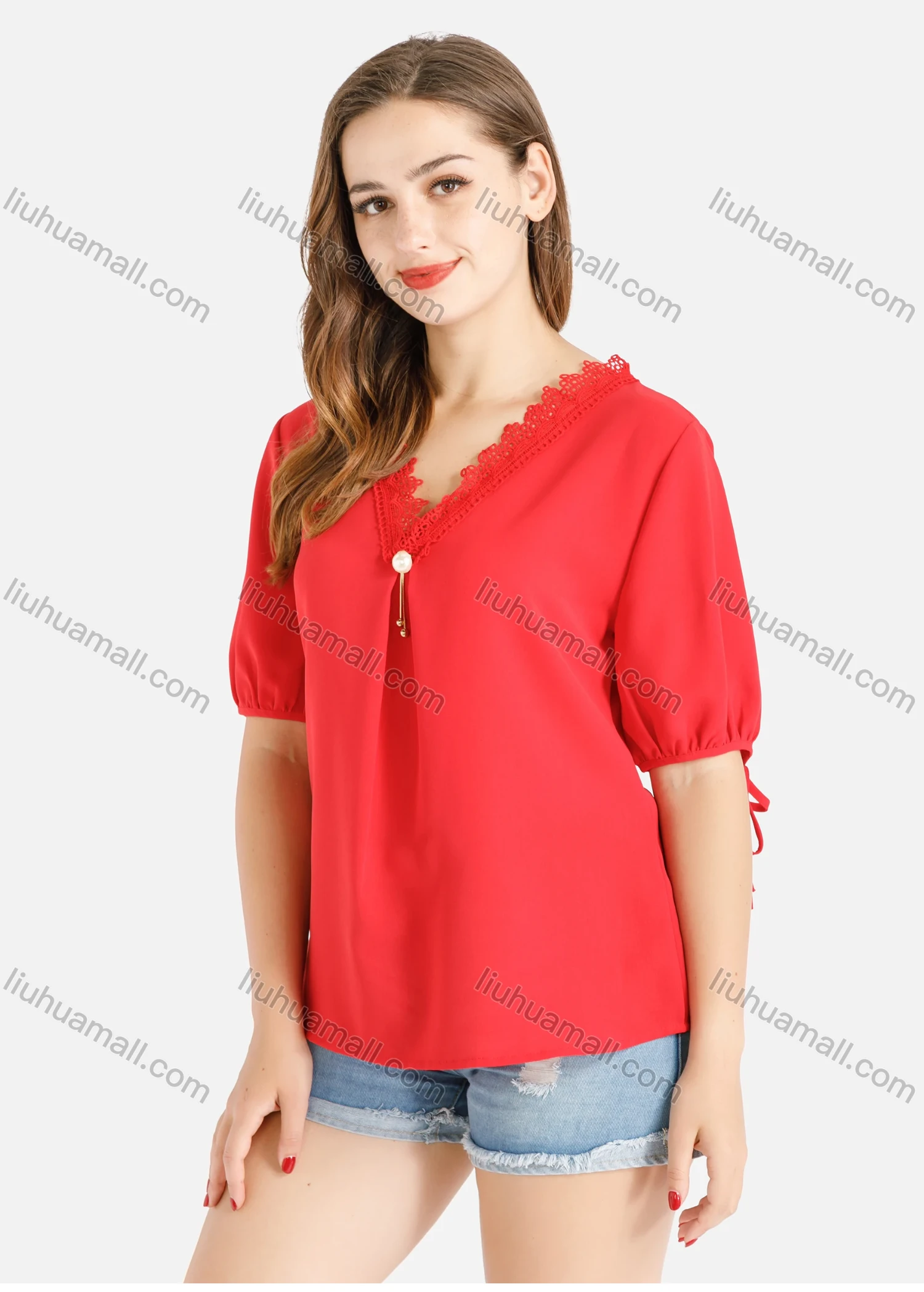 Wholesale Women's Casual V Neck Puff Sleeve Pearl Decor Lace Trims Blouse - Liuhuamall