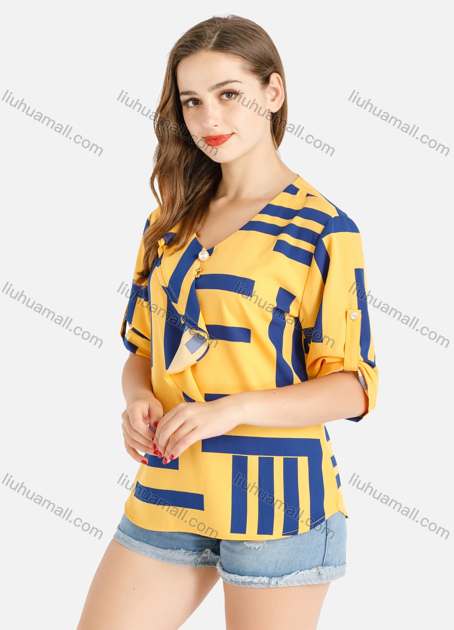 Wholesale Women's Chiffon Striped V Neck Ruffle Trim Long Sleeve Blouse - Liuhuamall