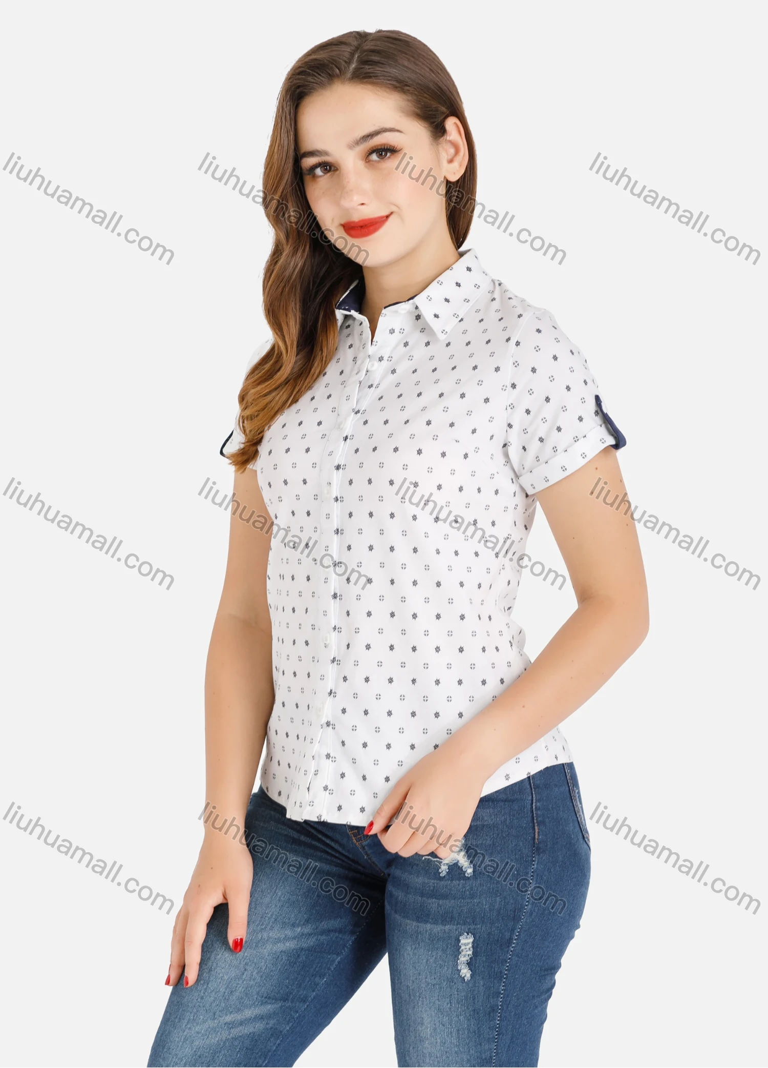 Wholesale Women's Collared Allover Print Button Down Short Sleeve Casual Shirt - Liuhuamall