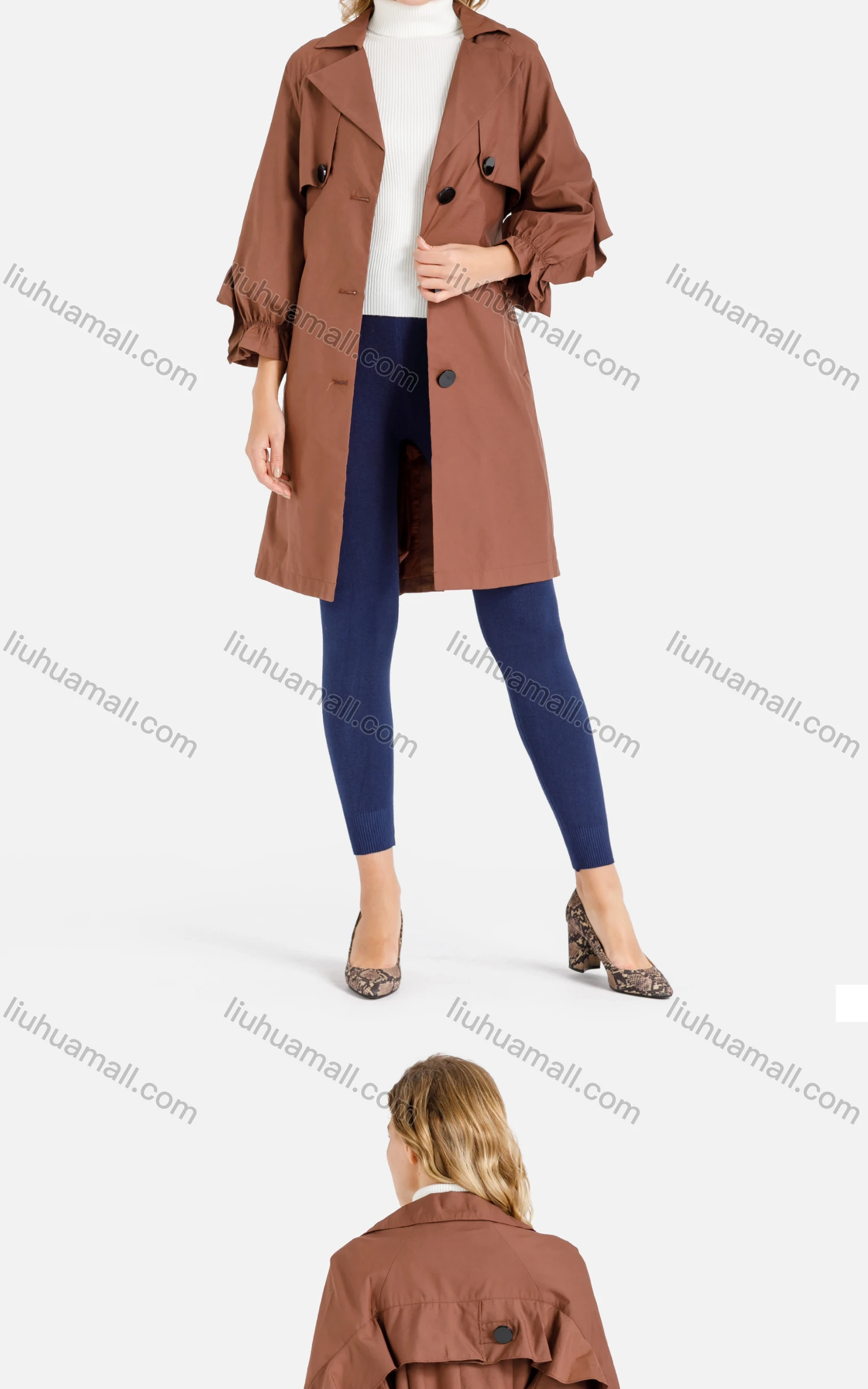 Wholesale Women's Plain Casual Cape Single Breasted Belted Trench Coat - Liuhuamall