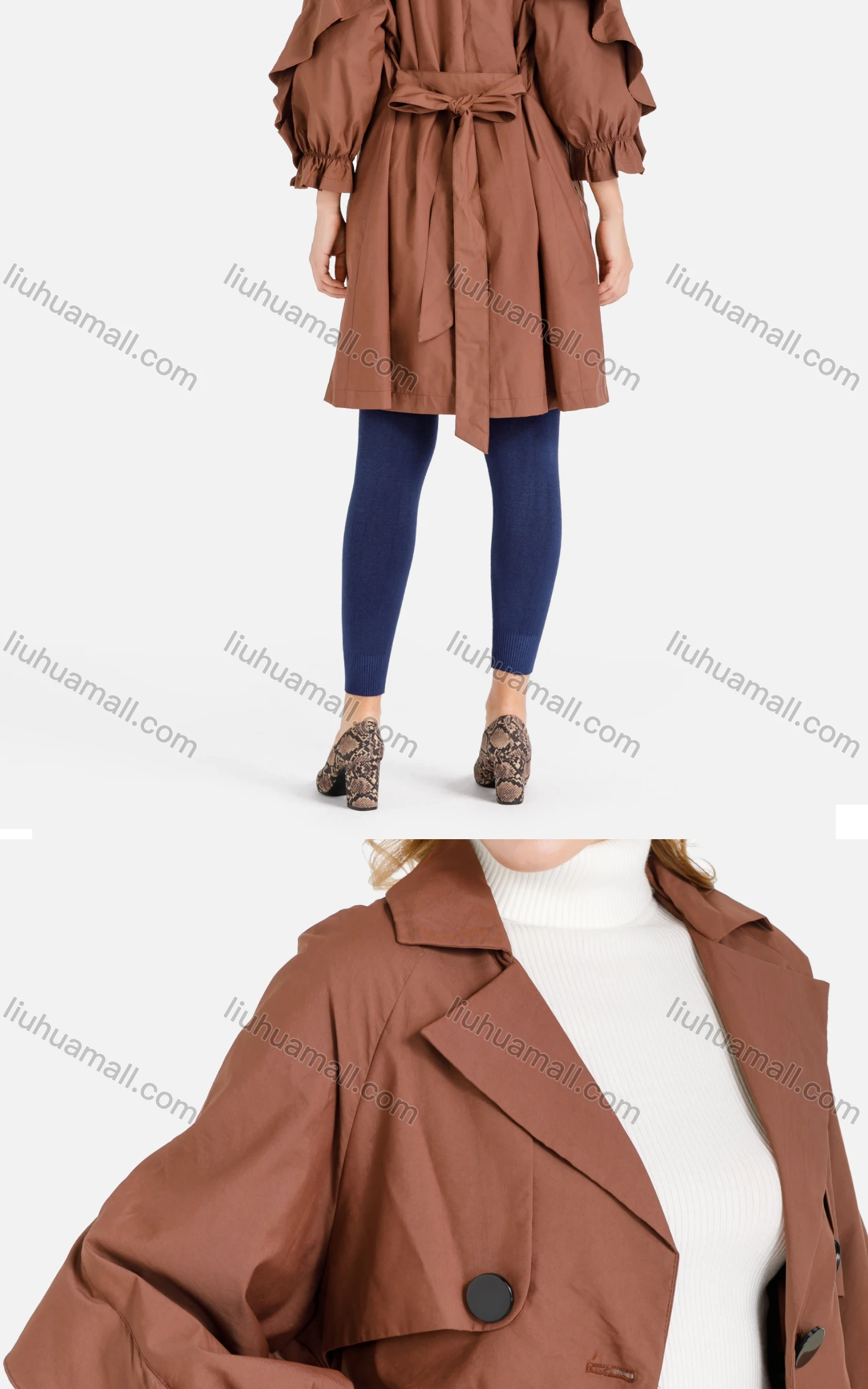 Wholesale Women's Plain Casual Cape Single Breasted Belted Trench Coat - Liuhuamall