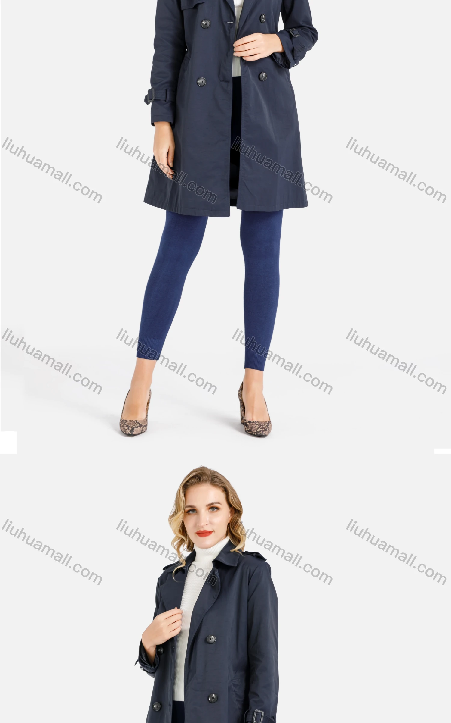 Wholesale Women's Plain Double Breasted Buckle Belted Casual Trench Coat 061# - Liuhuamall