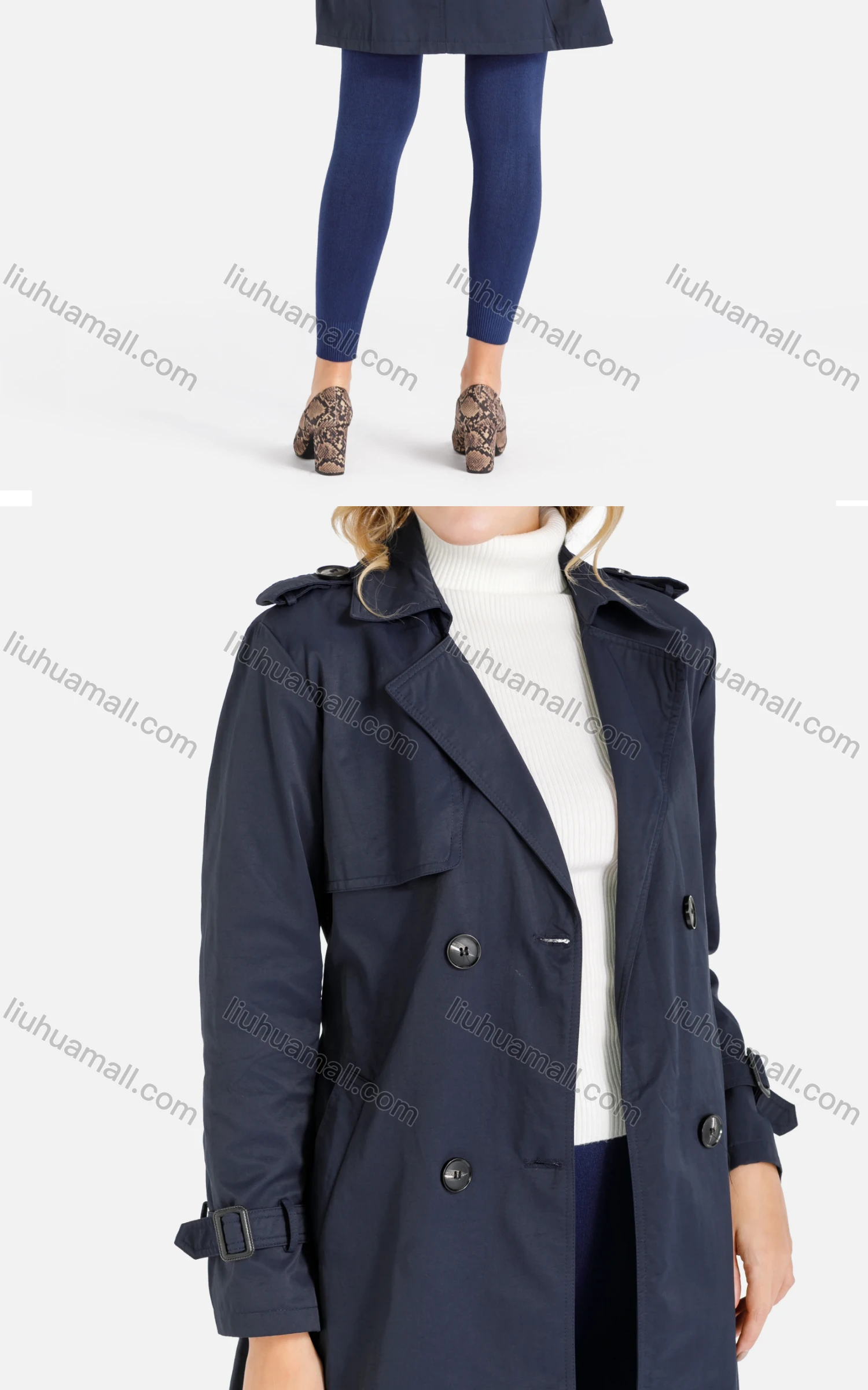 Wholesale Women's Plain Double Breasted Buckle Belted Casual Trench Coat 061# - Liuhuamall