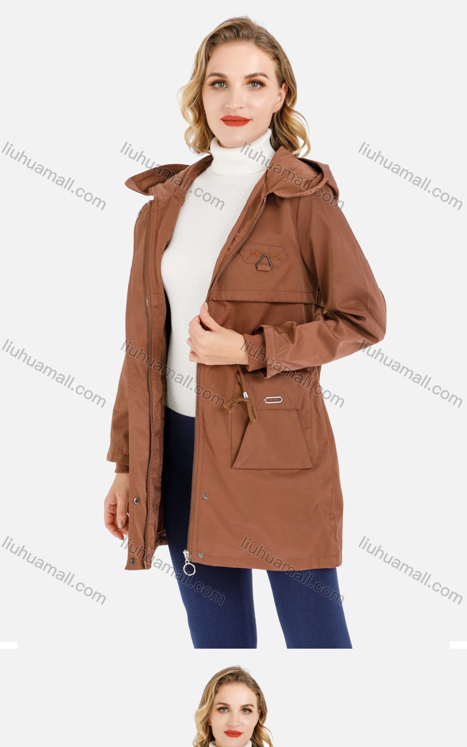 Wholesale Women's Plain Zip Up Drawstring Hooded Coat - Liuhuamall