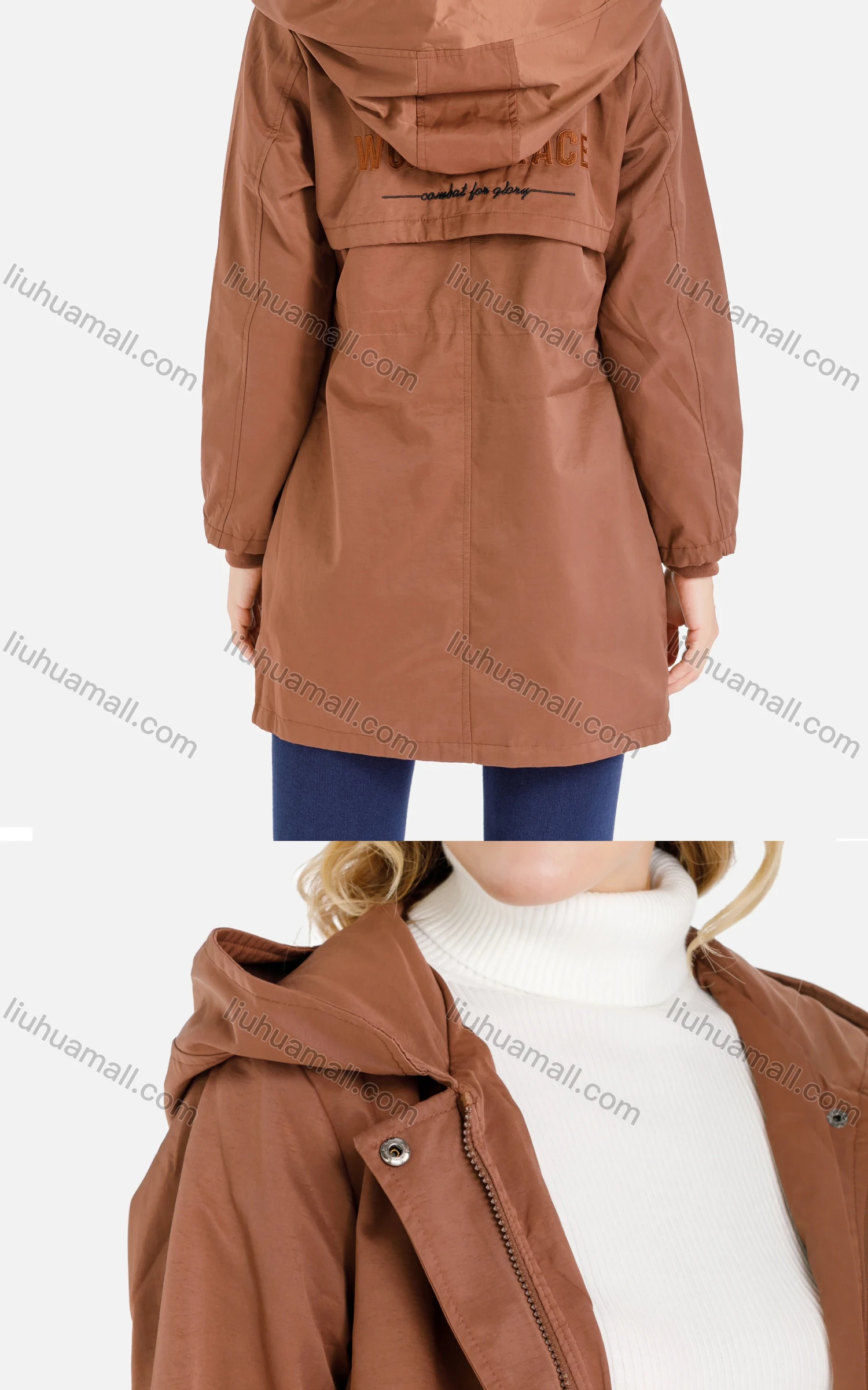 Wholesale Women's Plain Zip Up Drawstring Hooded Coat - Liuhuamall