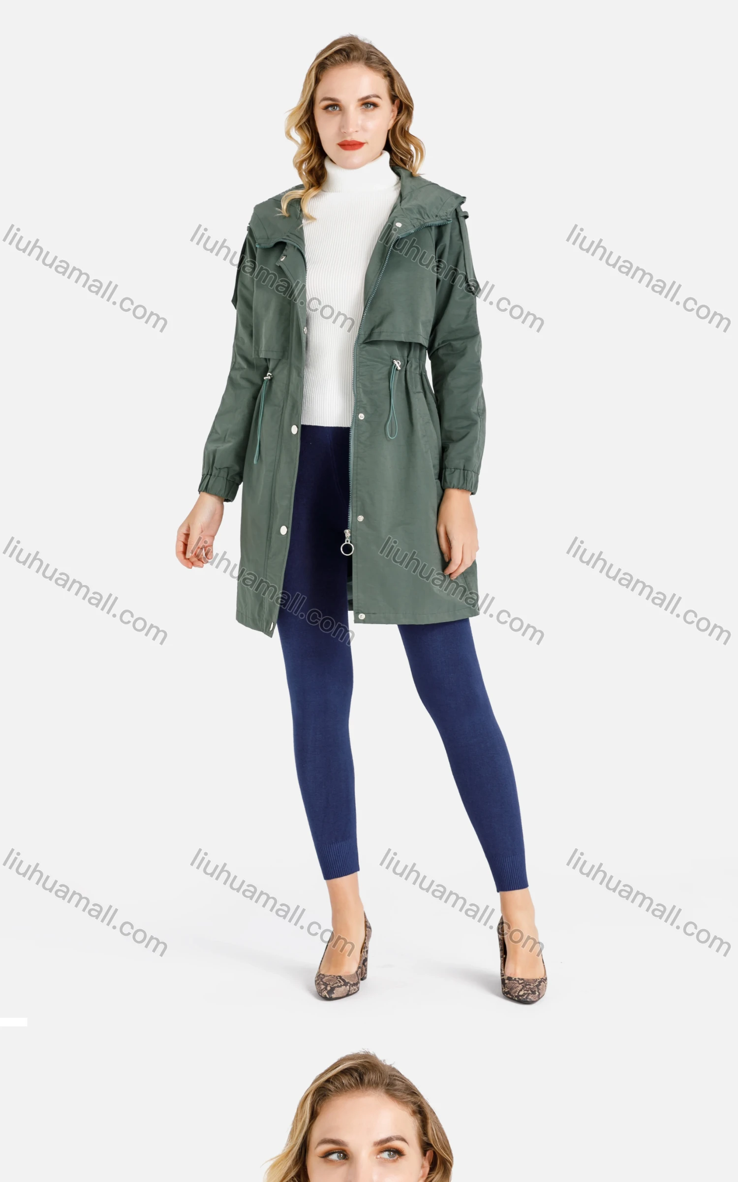 Wholesale Women's Zip Up Drawstring Plain Hooded Rain Coat - Liuhuamall