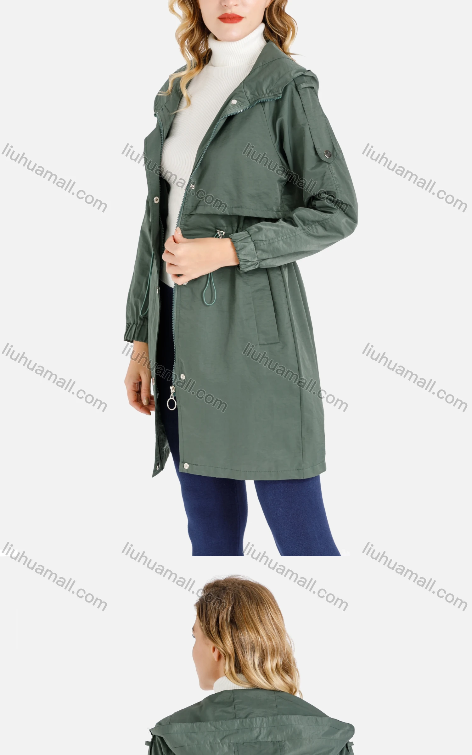 Wholesale Women's Zip Up Drawstring Plain Hooded Rain Coat - Liuhuamall