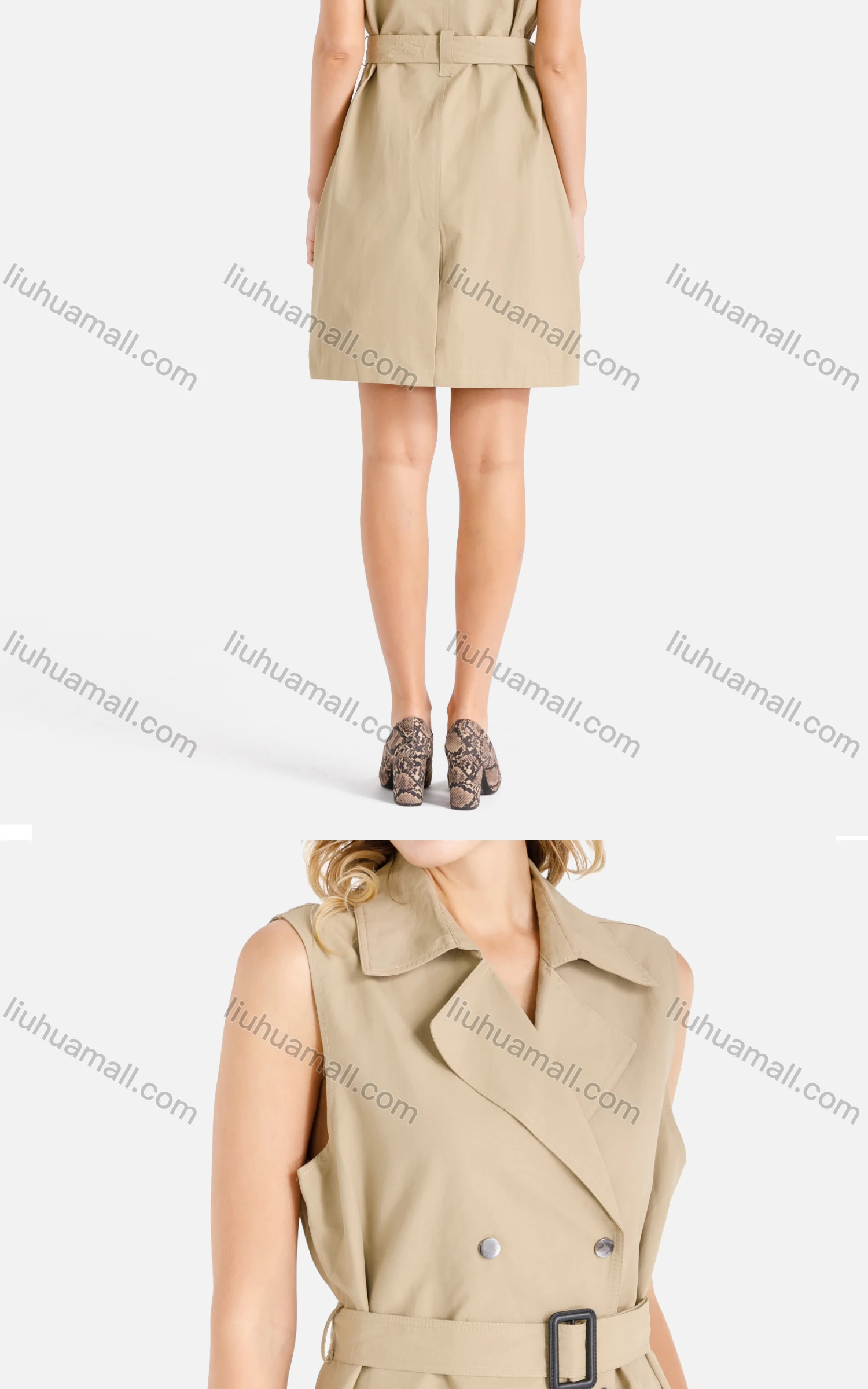 Wholesale Women's Casual Sleeveless Lapel Double Breasted Blazer Dress With Belt - Liuhuamall