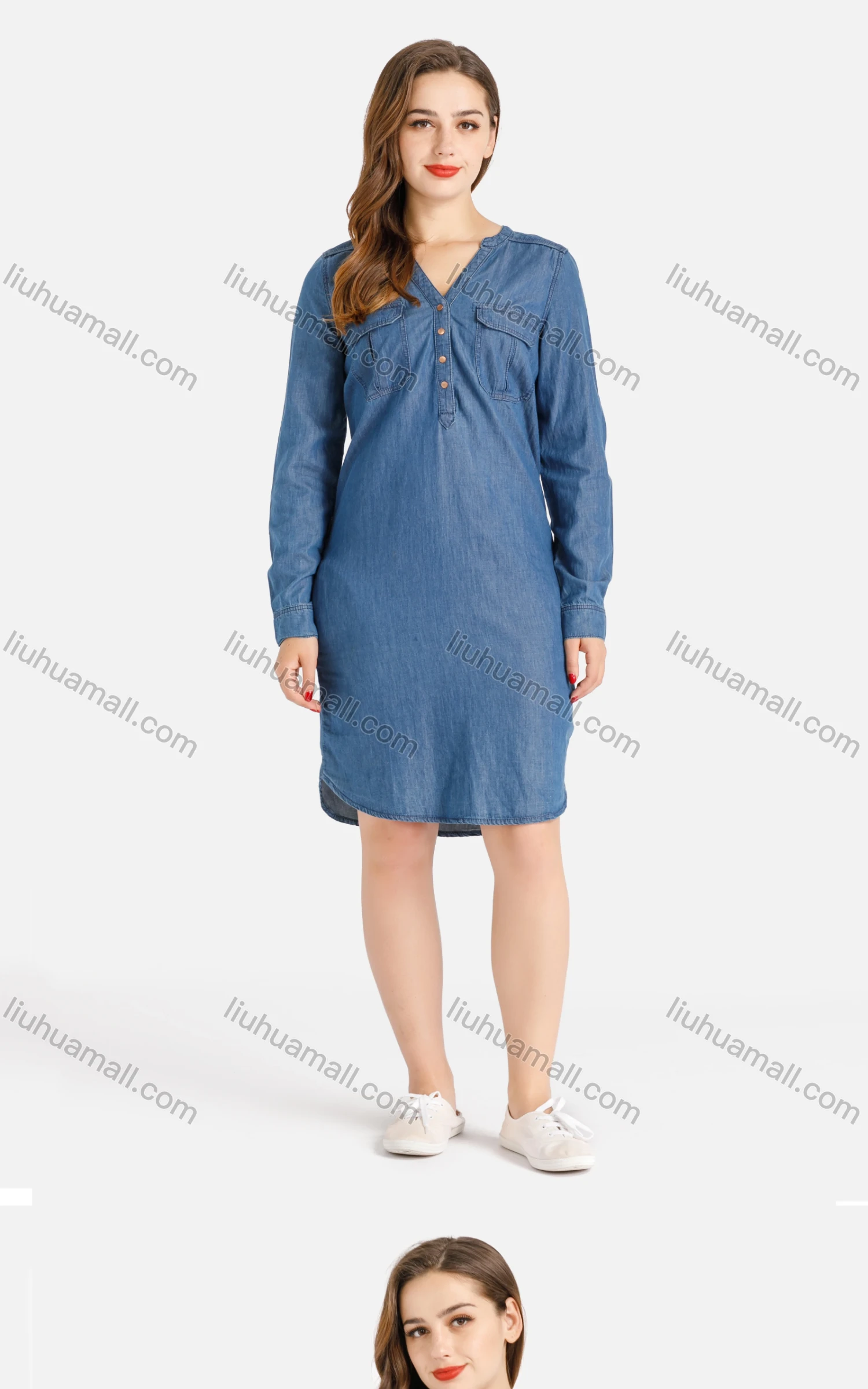 Wholesale Women's Casual V Neck Long Sleeve Flap Pockets Button Front Denim Dress - Liuhuamall
