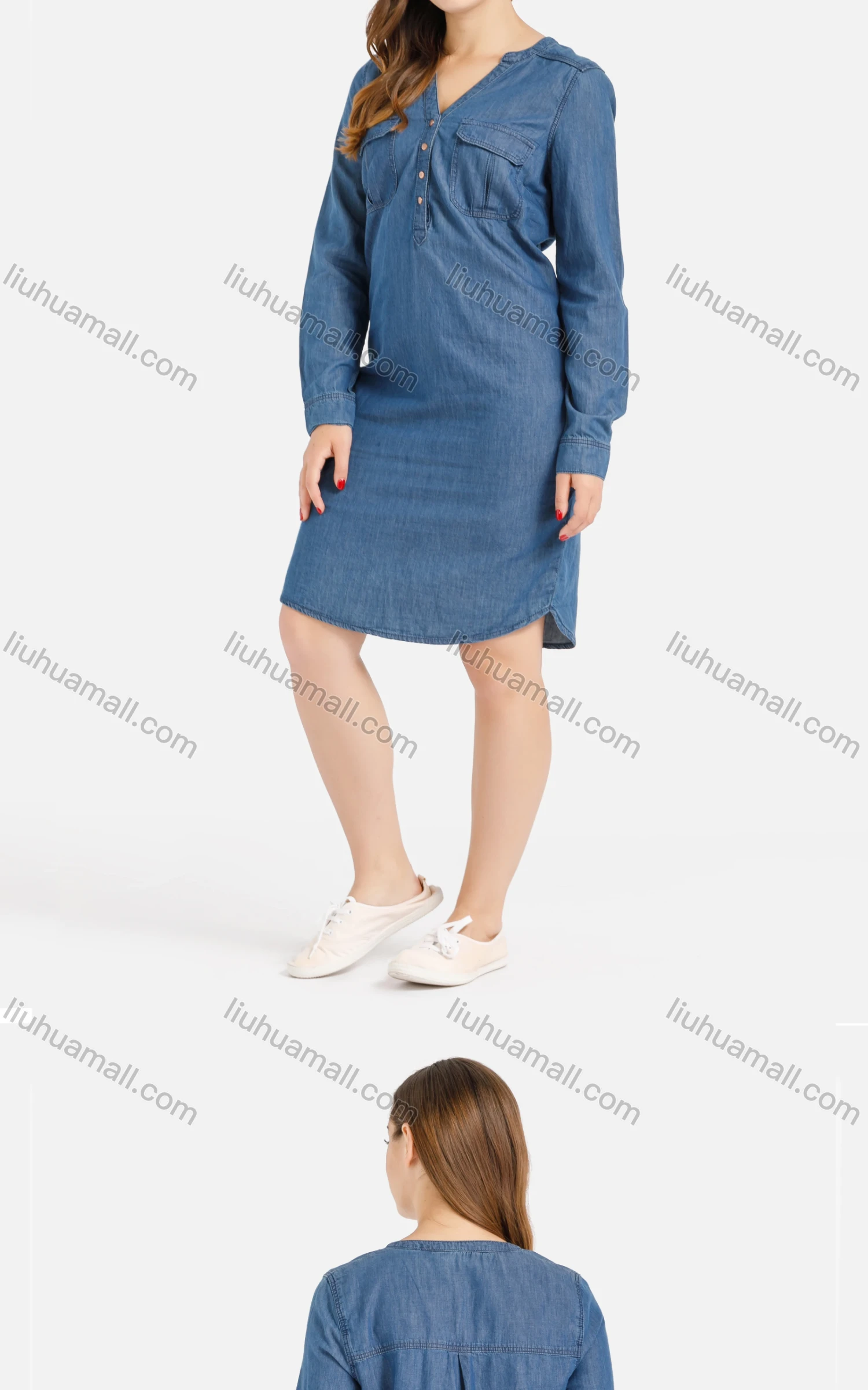 Wholesale Women's Casual V Neck Long Sleeve Flap Pockets Button Front Denim Dress - Liuhuamall