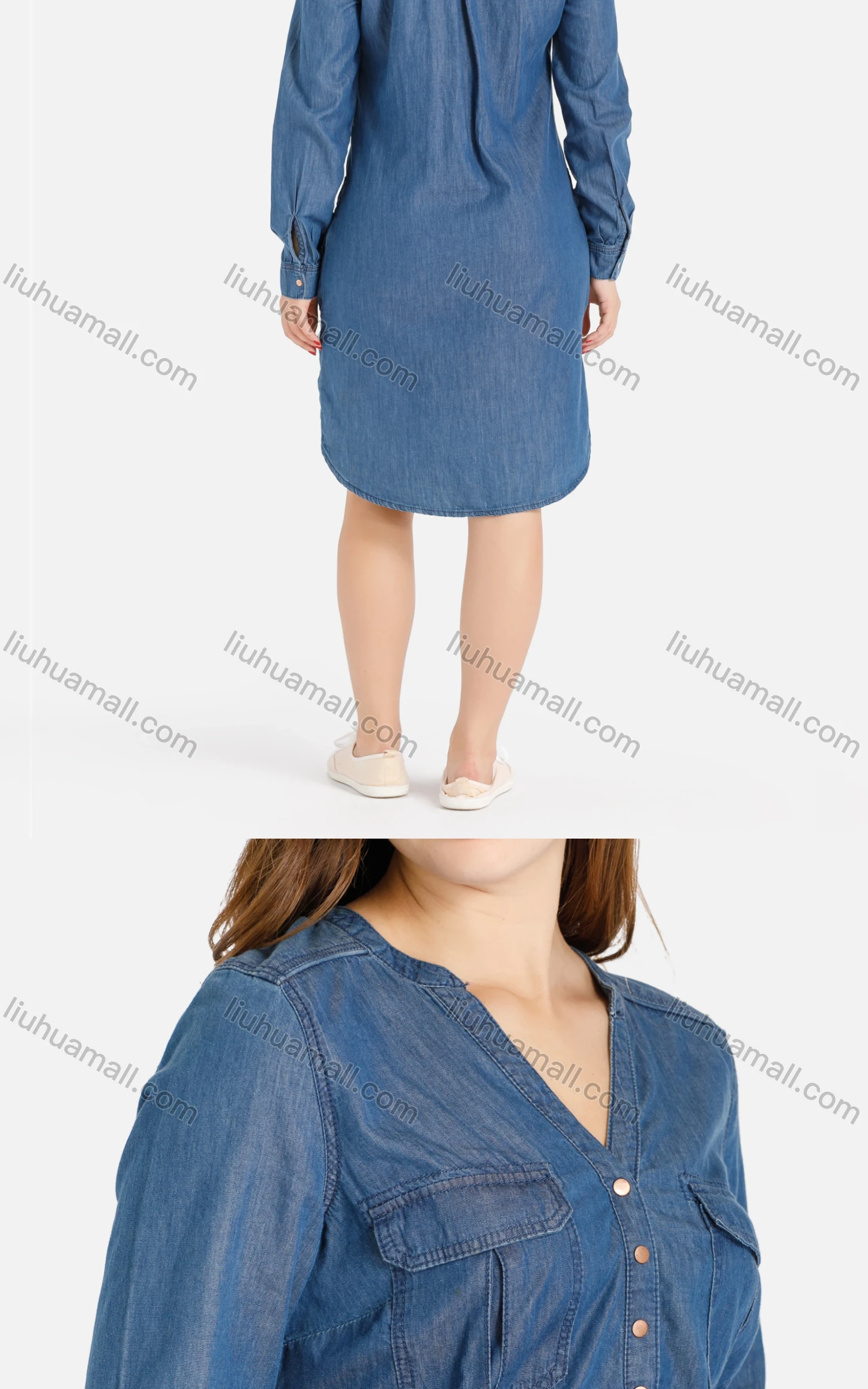 Wholesale Women's Casual V Neck Long Sleeve Flap Pockets Button Front Denim Dress - Liuhuamall