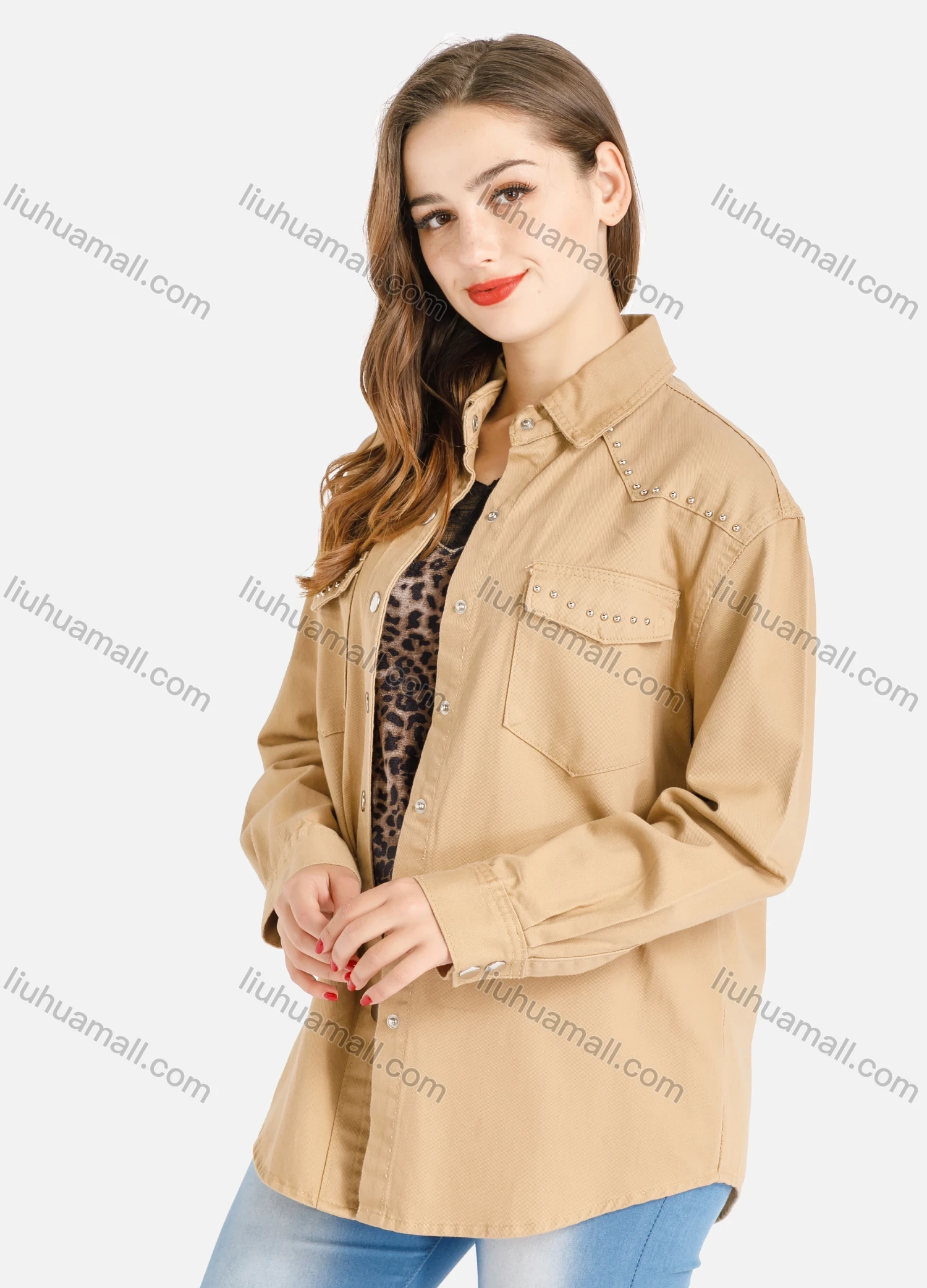 Wholesale Women's Loose Fit Long Sleeve Double Flap Pocket Rivets Plain Overshirt - Liuhuamall