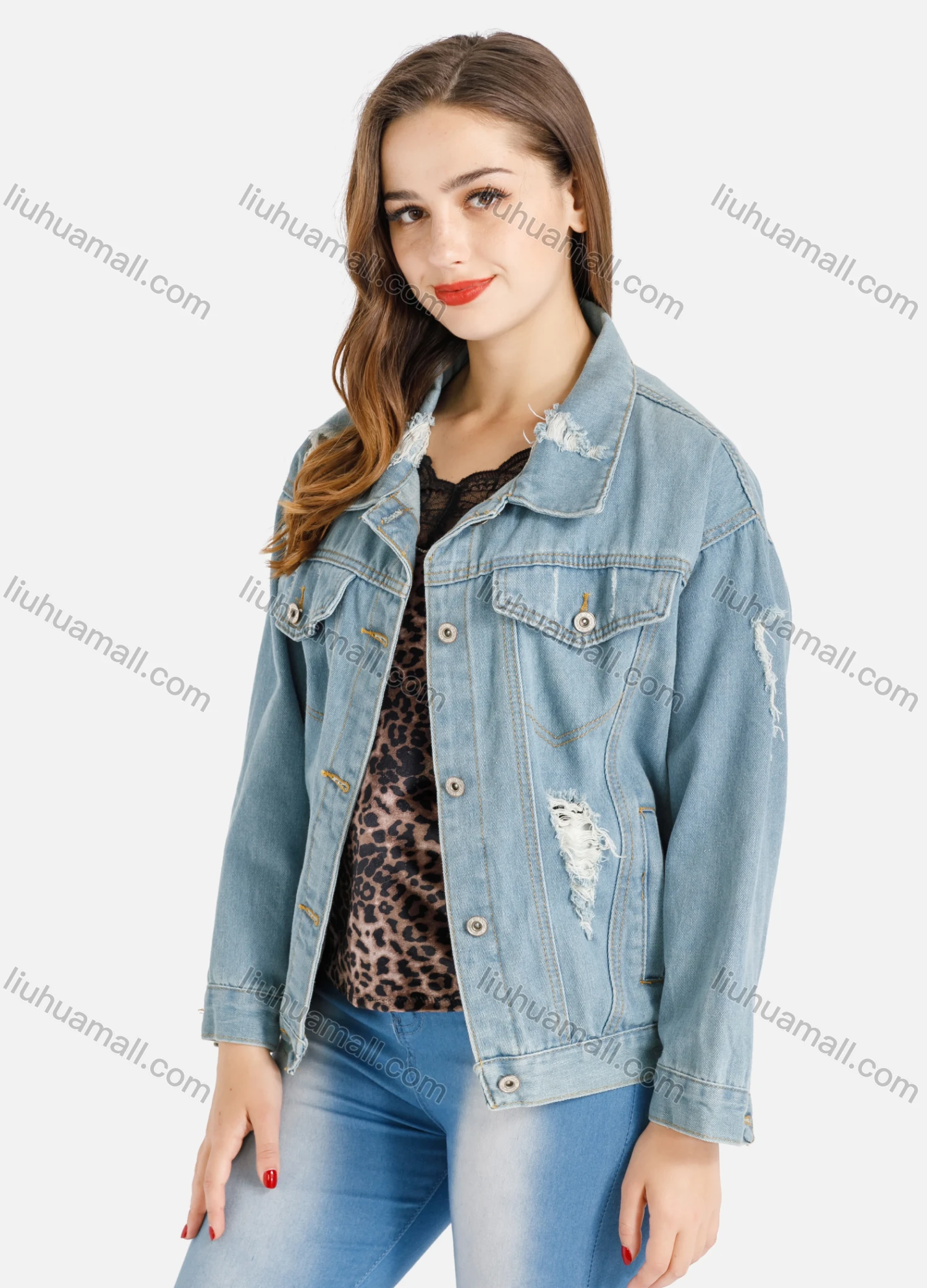 Wholesale Women's Casual Drop Shoulder Flap Pocket Ripped Distressed Denim Jacket - Liuhuamall