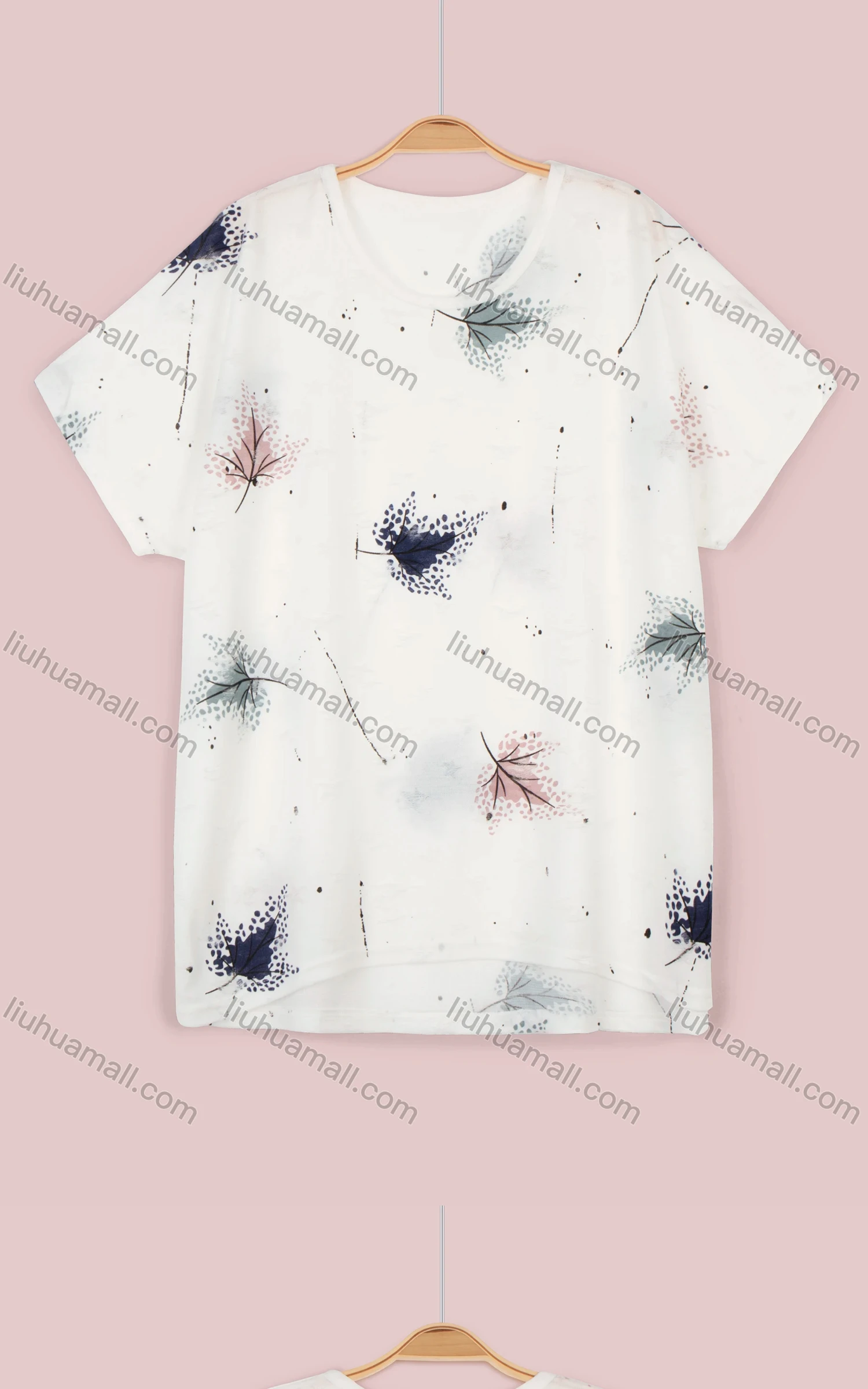 Wholesale Women's Summer Leaf Print Round Neck Short Sleeve Tee - Liuhuamall