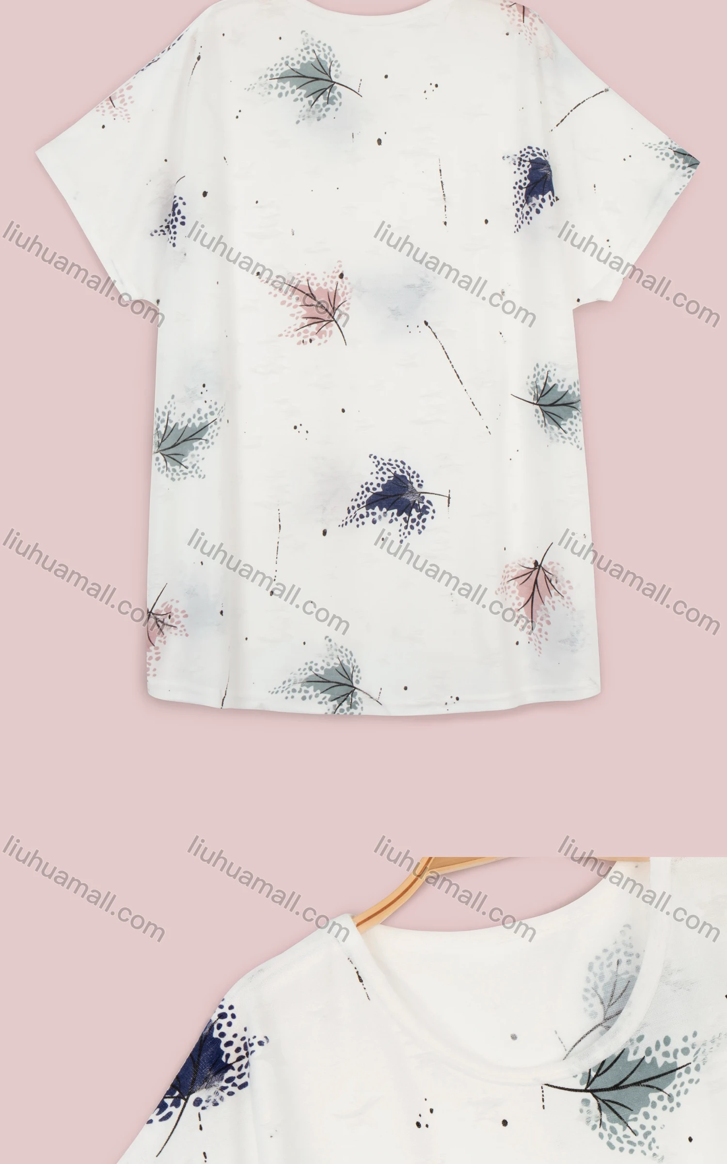 Wholesale Women's Summer Leaf Print Round Neck Short Sleeve Tee - Liuhuamall