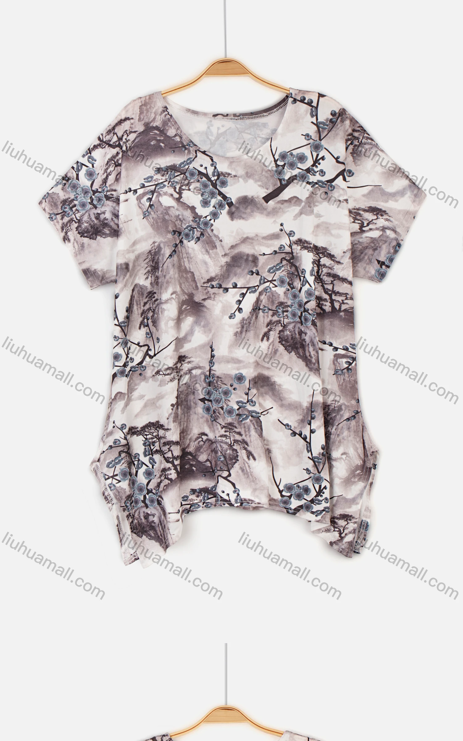 Wholesale Women's Casual Ink Painting Print Round Neck Short Sleeve Top - Liuhuamall
