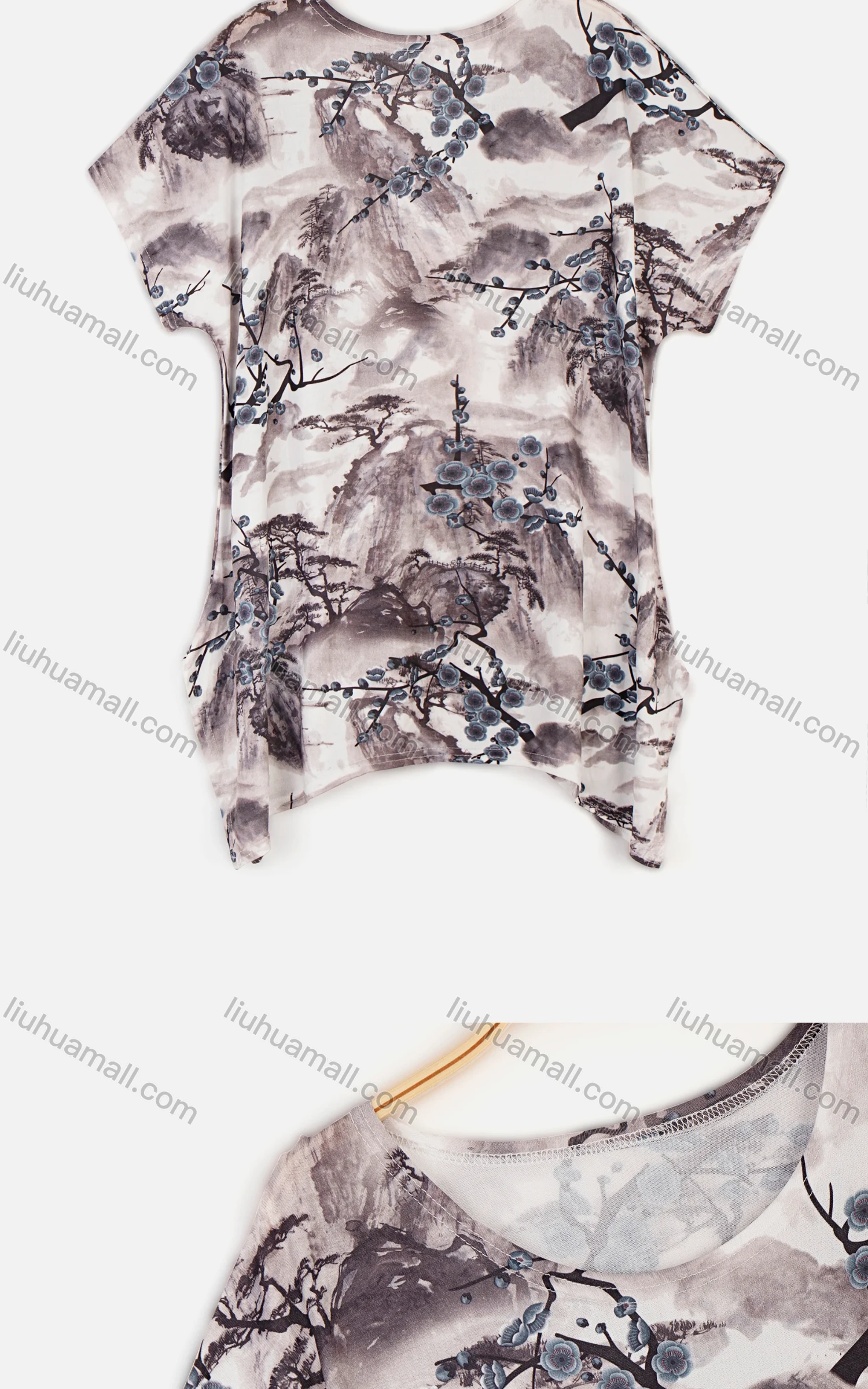 Wholesale Women's Casual Ink Painting Print Round Neck Short Sleeve Top - Liuhuamall
