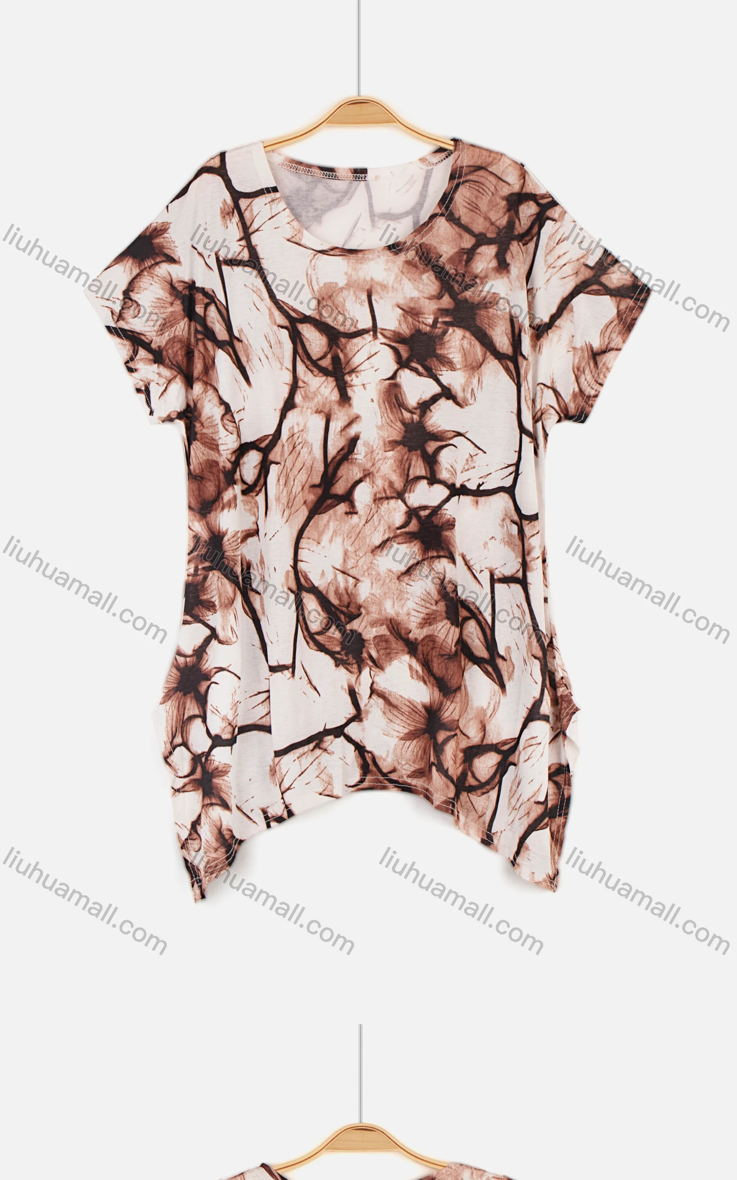 Wholesale Women's Summer Floral Print Round Neck Drop Shoulder Short Sleeve Top - Liuhuamall