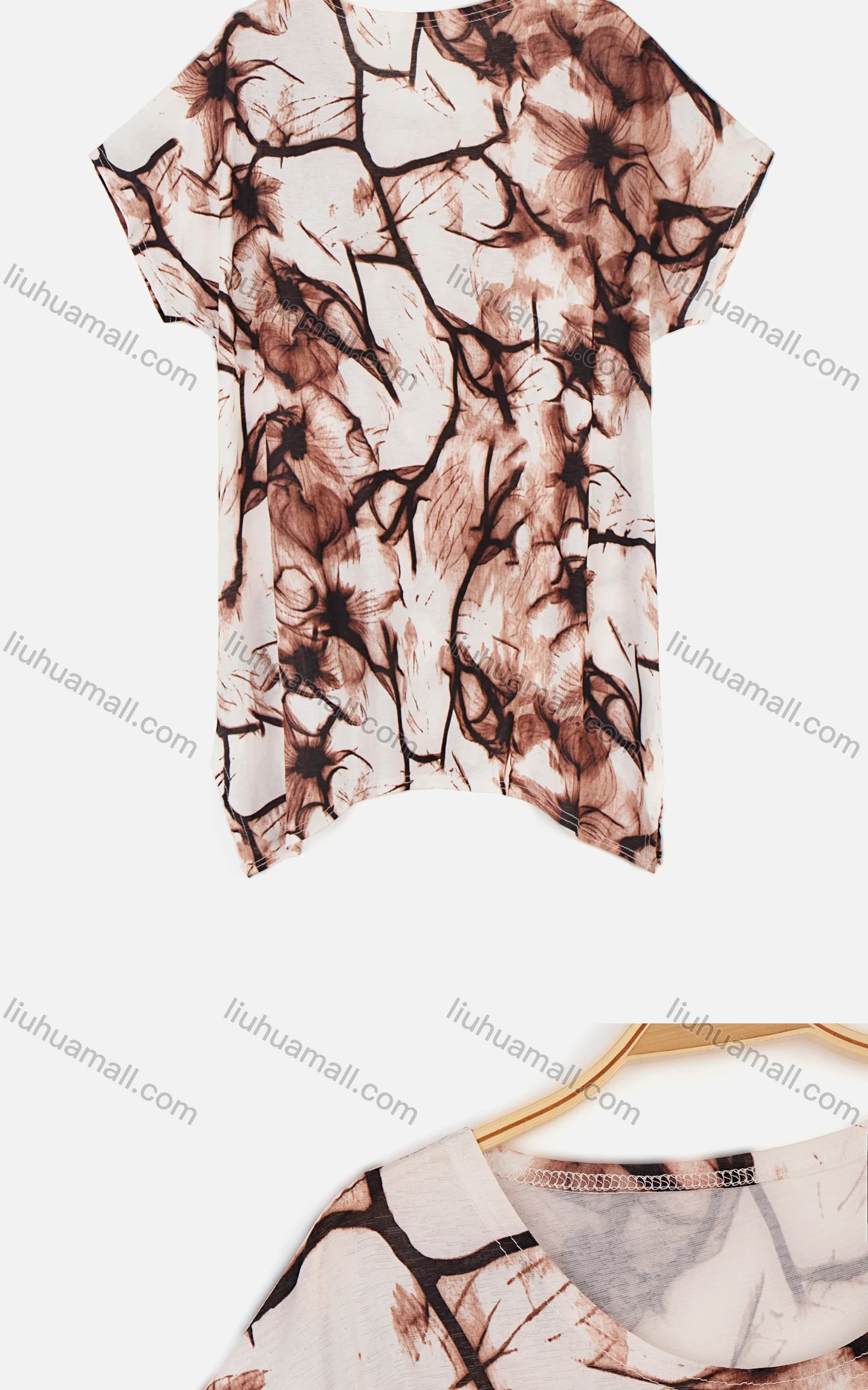 Wholesale Women's Summer Floral Print Round Neck Drop Shoulder Short Sleeve Top - Liuhuamall