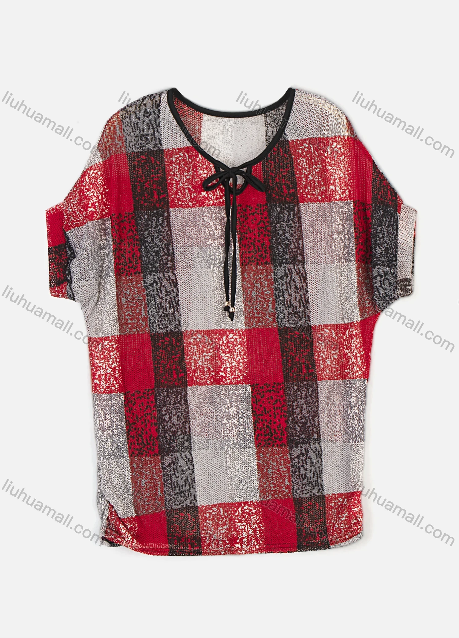 Wholesale Women's Plaid Tie Neck Drop Shoulder Short Sleeve Knit Top - Liuhuamall