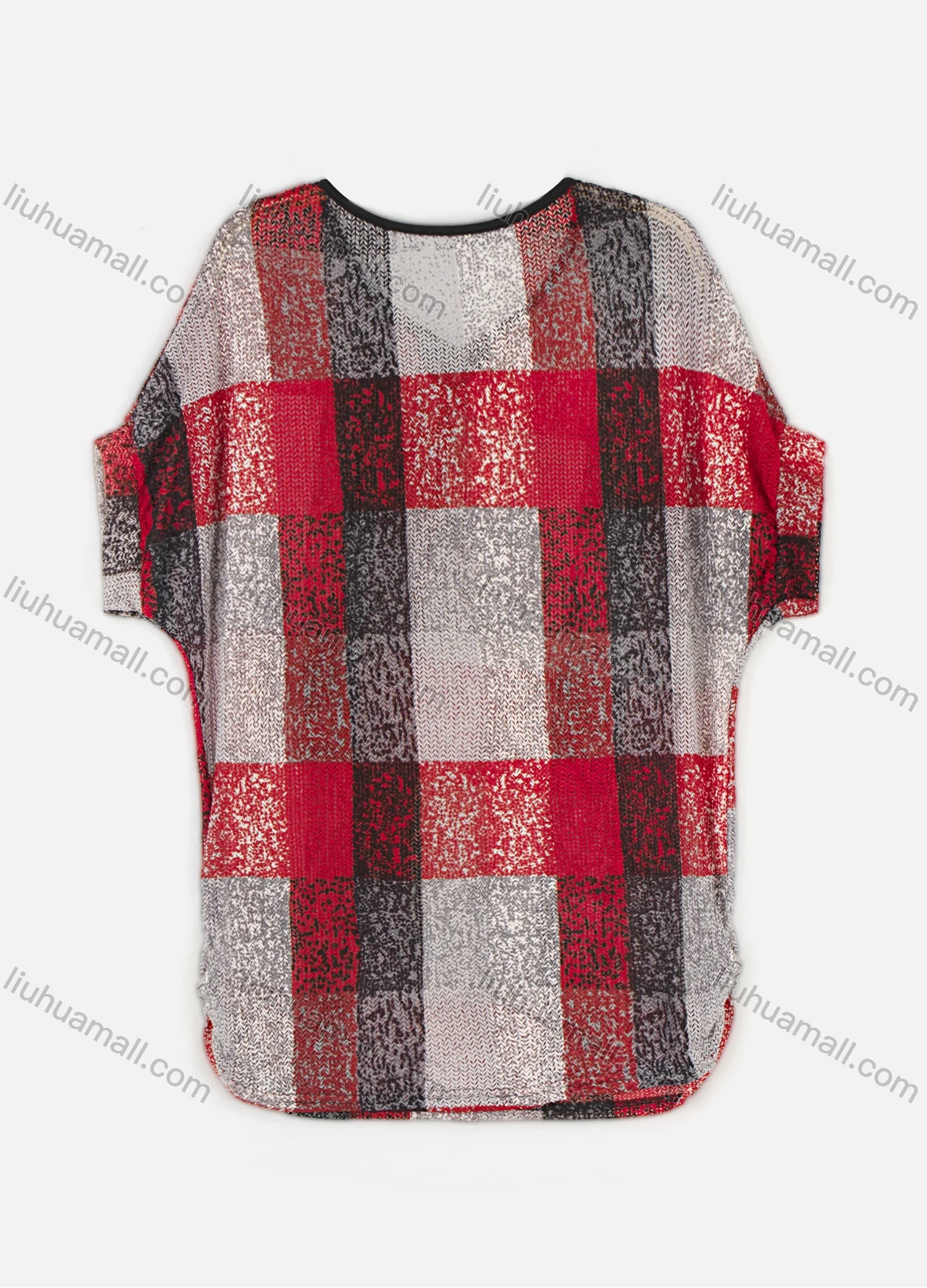 Wholesale Women's Plaid Tie Neck Drop Shoulder Short Sleeve Knit Top - Liuhuamall