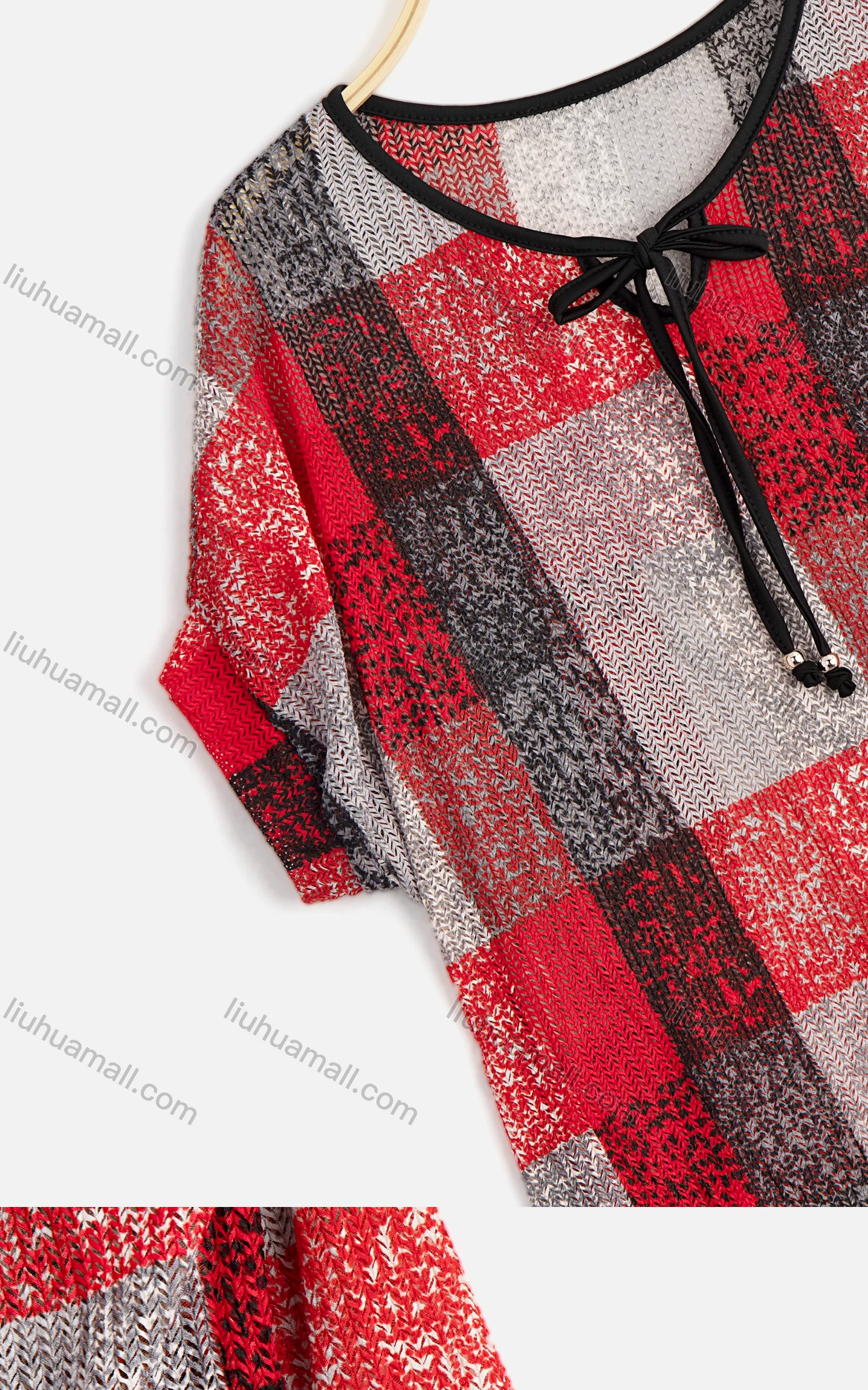 Wholesale Women's Plaid Tie Neck Drop Shoulder Short Sleeve Knit Top - Liuhuamall