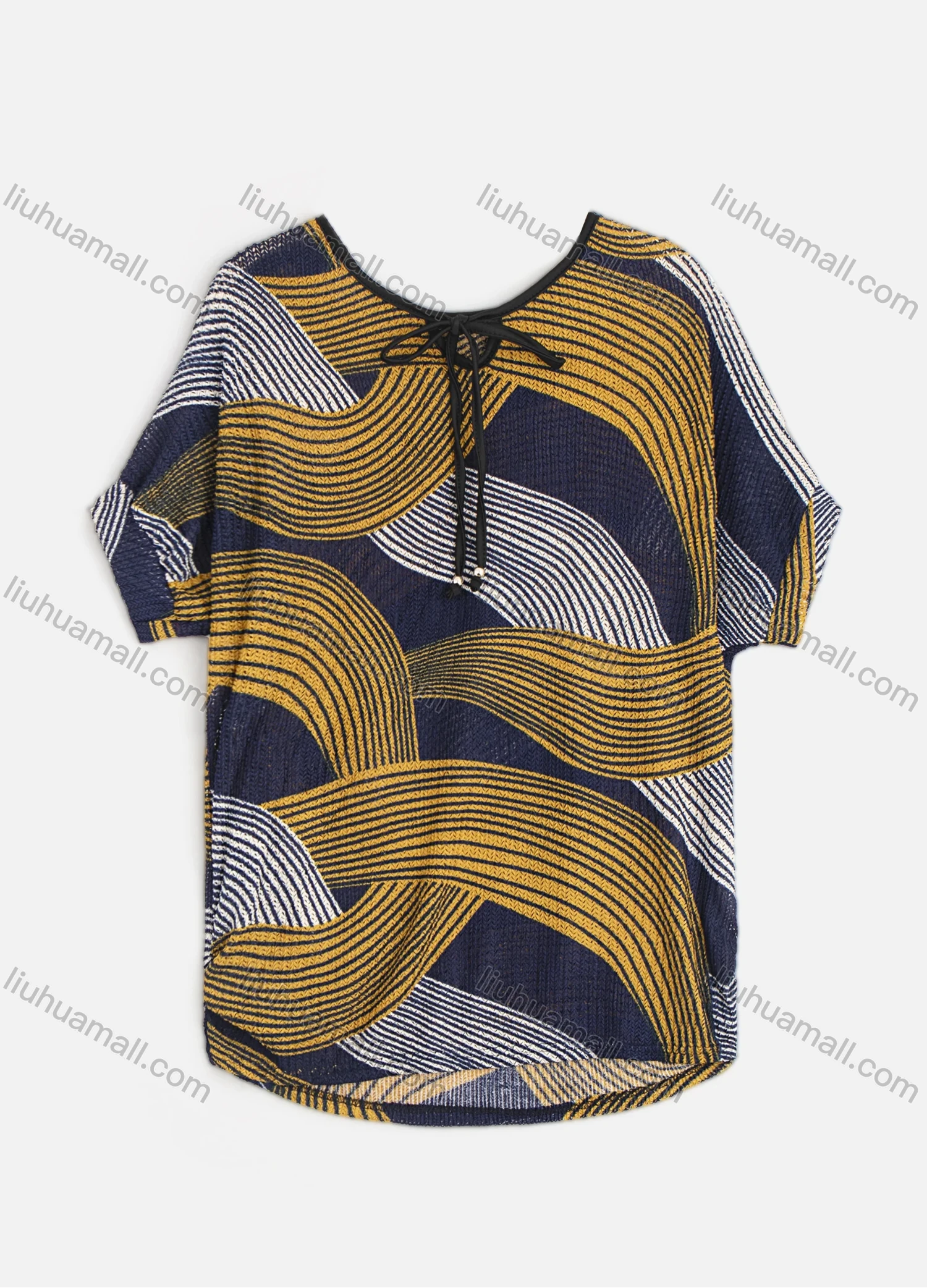 Wholesale Women's Wave Print Tie Neck Drop Shoulder Short Sleeve Knit Top - Liuhuamall