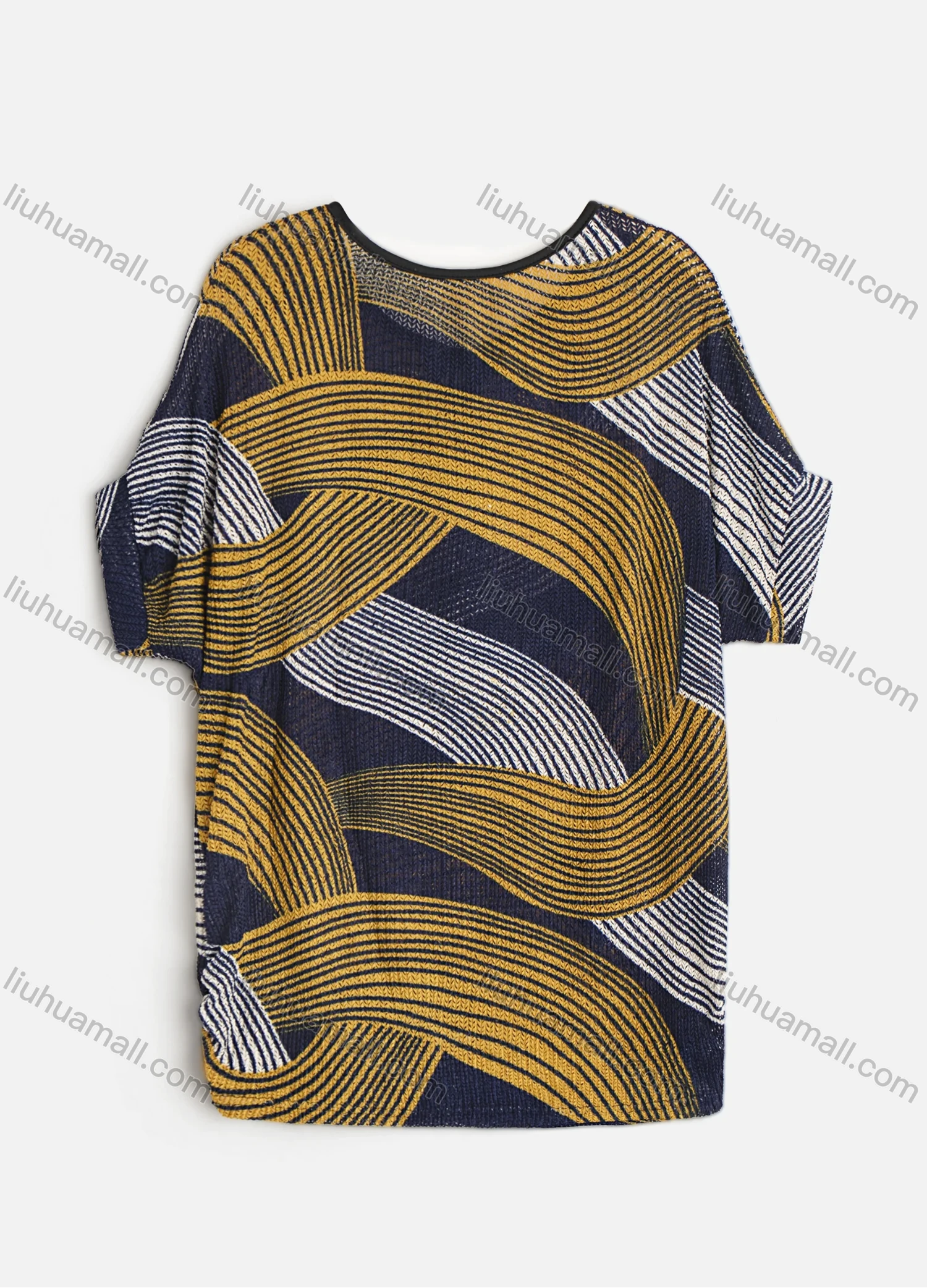 Wholesale Women's Wave Print Tie Neck Drop Shoulder Short Sleeve Knit Top - Liuhuamall