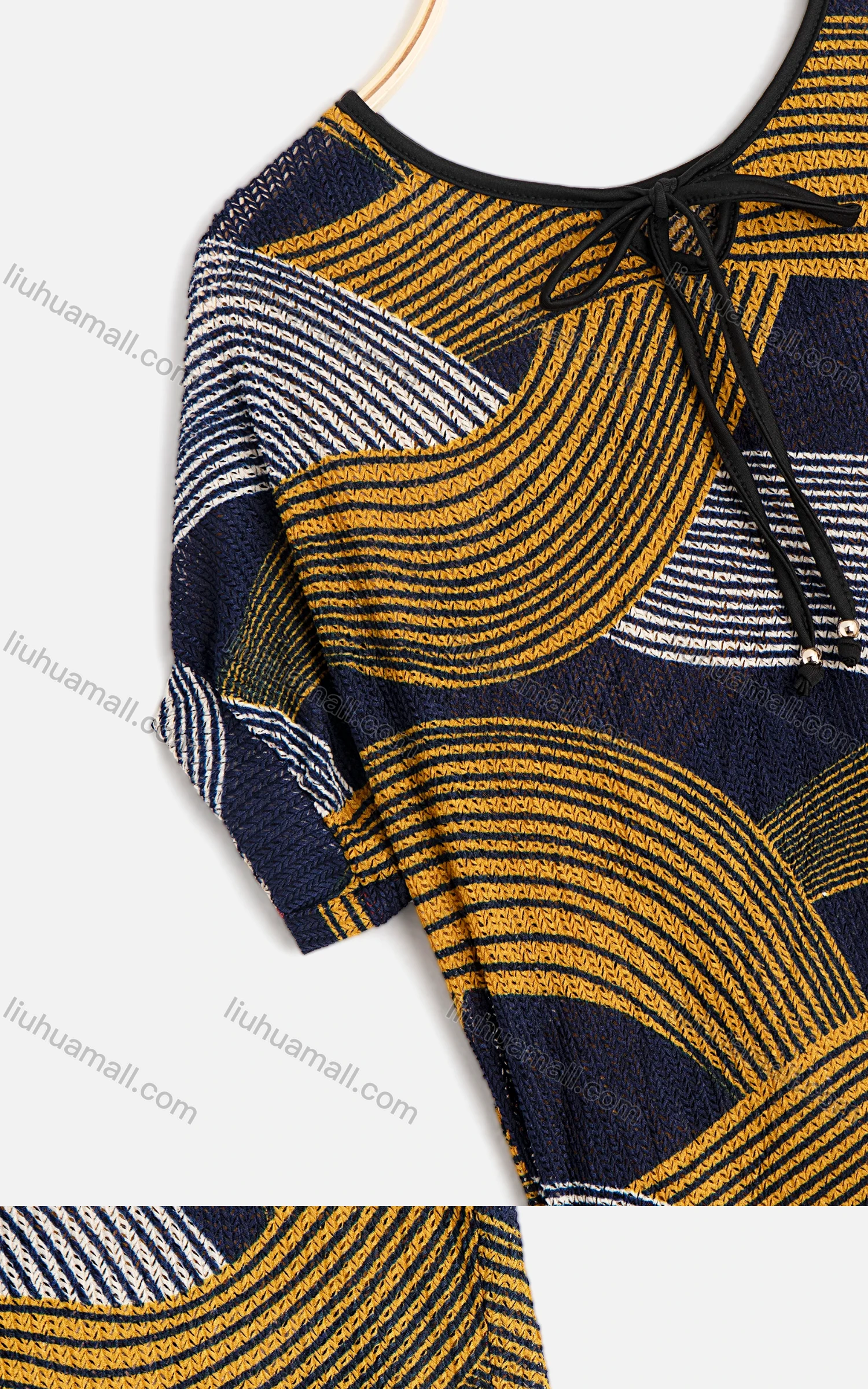 Wholesale Women's Wave Print Tie Neck Drop Shoulder Short Sleeve Knit Top - Liuhuamall