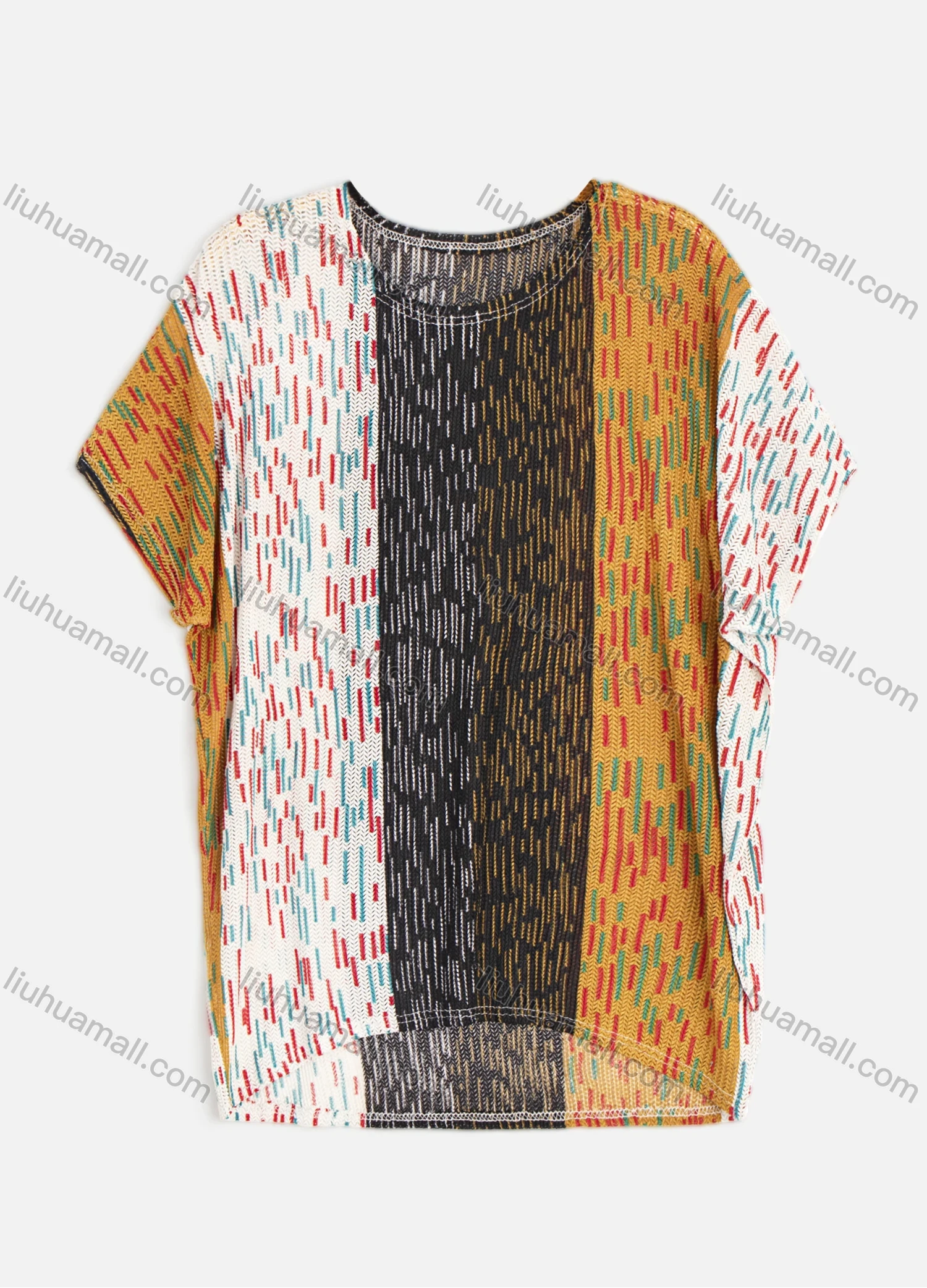 Wholesale Women's Splicing Rib Knit Round Neck Short Sleeve Drop Shoulder Knit Top - Liuhuamall