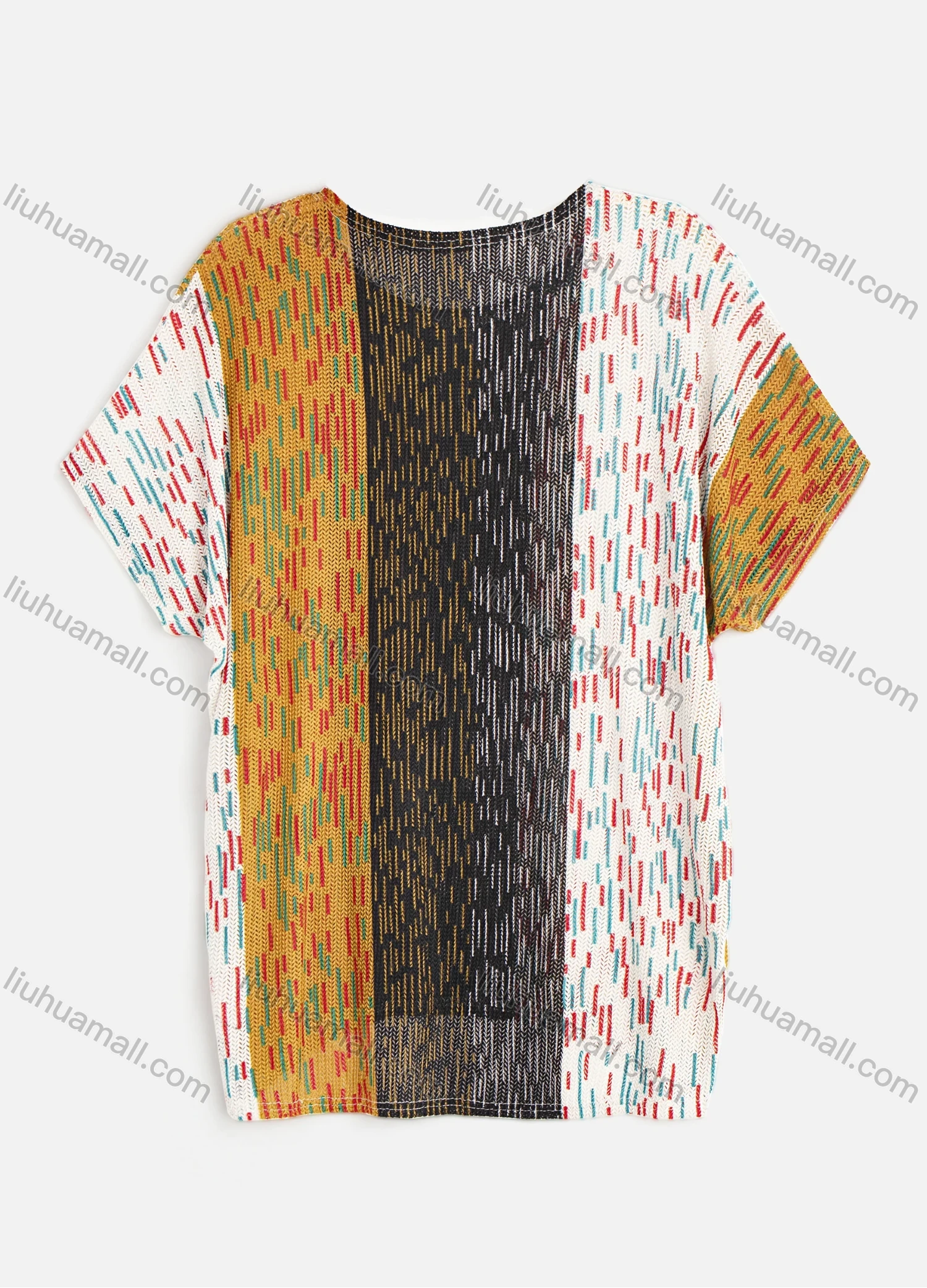 Wholesale Women's Splicing Rib Knit Round Neck Short Sleeve Drop Shoulder Knit Top - Liuhuamall