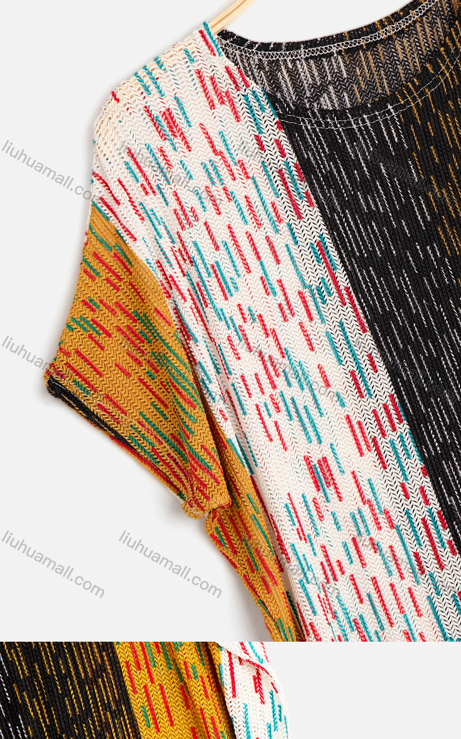 Wholesale Women's Splicing Rib Knit Round Neck Short Sleeve Drop Shoulder Knit Top - Liuhuamall