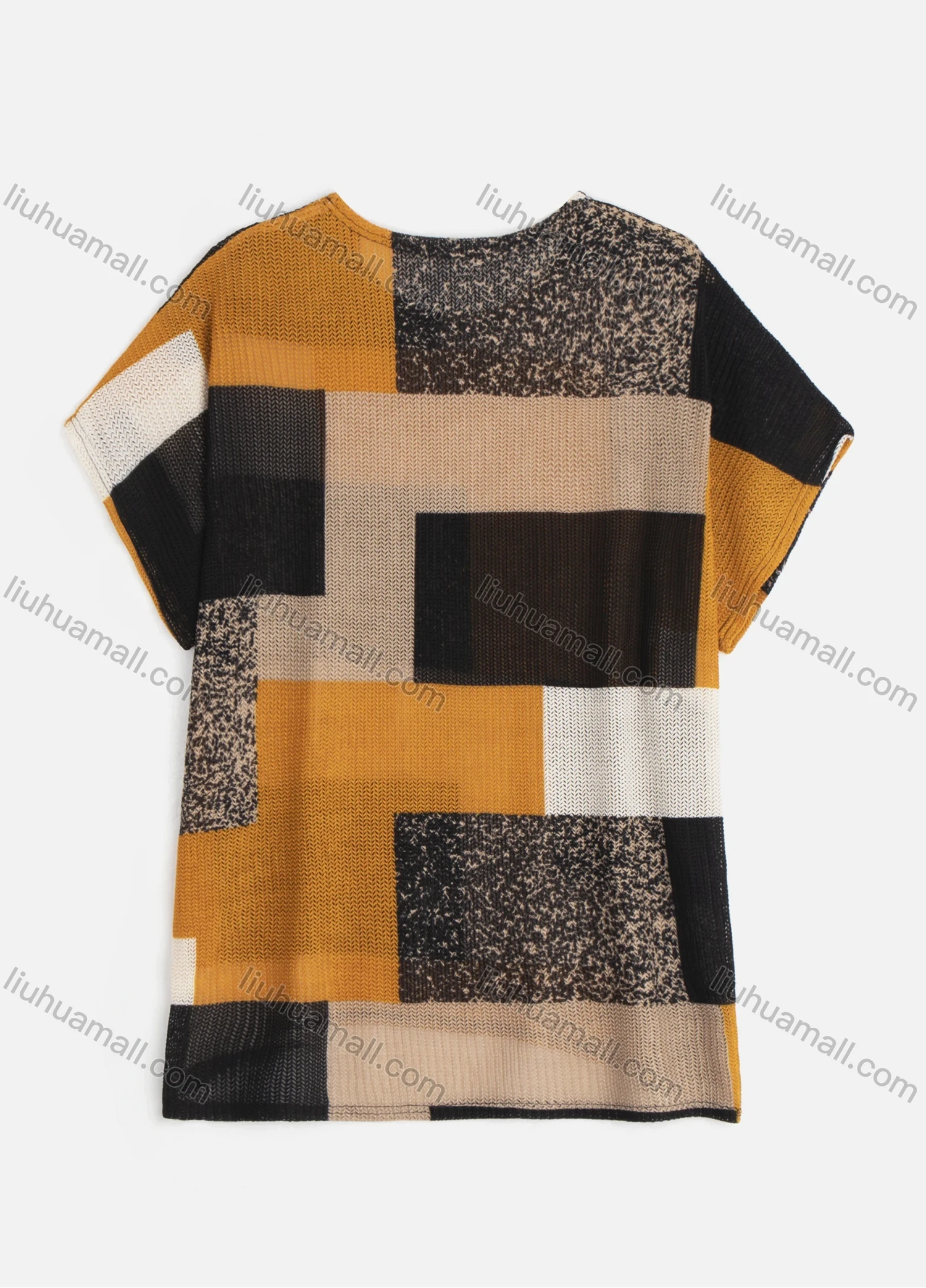 Wholesale Women's Casual Patchwork Short Sleeve Drop Shoulder Round Neck Knit Top - Liuhuamall