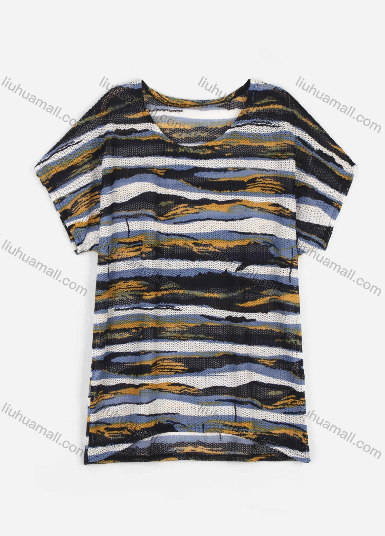 Wholesale Women's Striped Landscape Pattern Round Neck Short Sleeve Knit Top - Liuhuamall