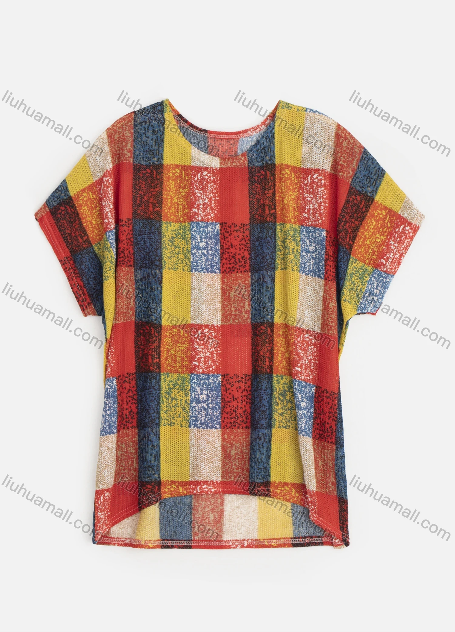 Wholesale Women's Plaid Round Neck Drop Shoulder Short Sleeve Knit Top - Liuhuamall