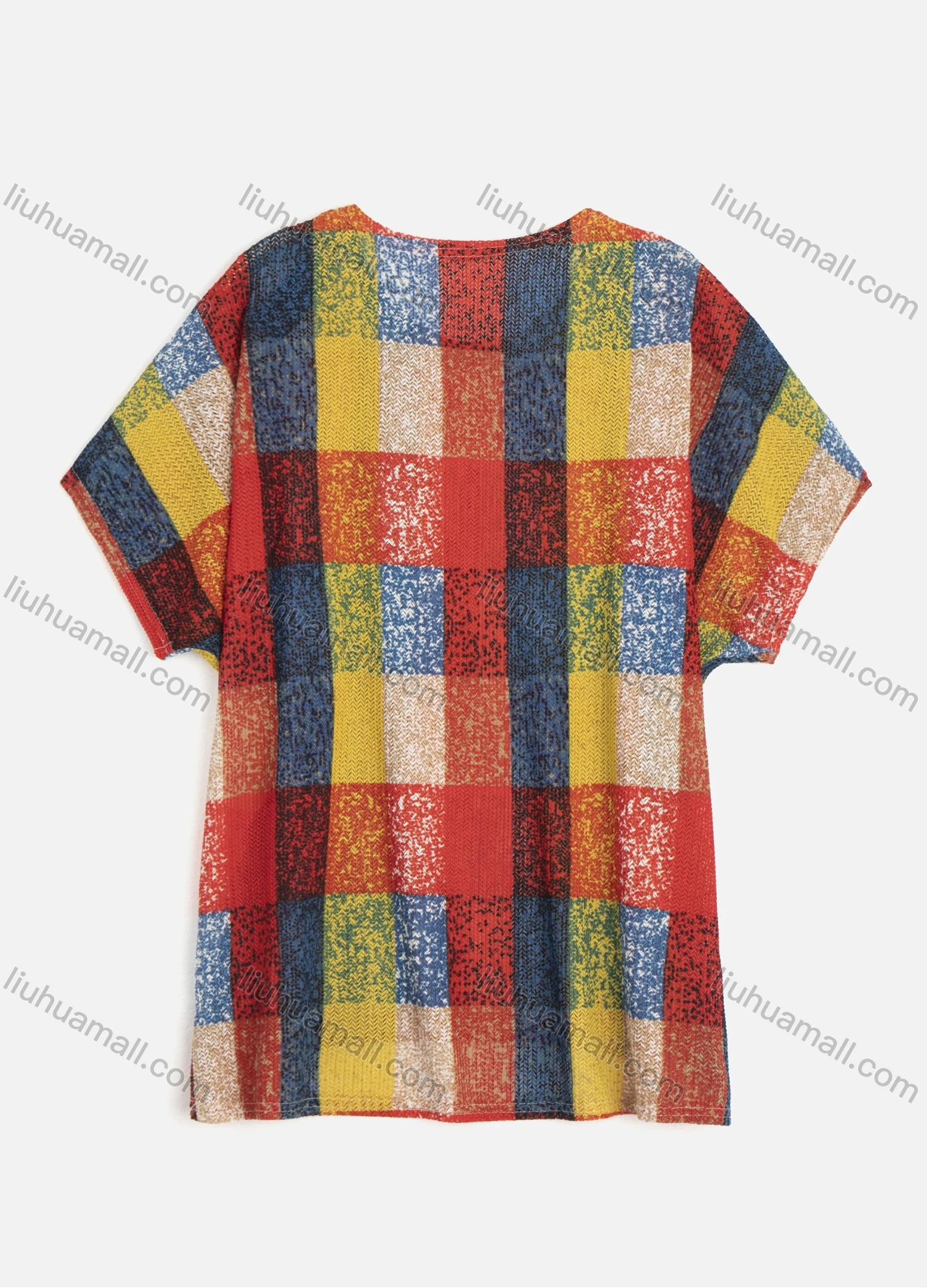 Wholesale Women's Plaid Round Neck Drop Shoulder Short Sleeve Knit Top - Liuhuamall