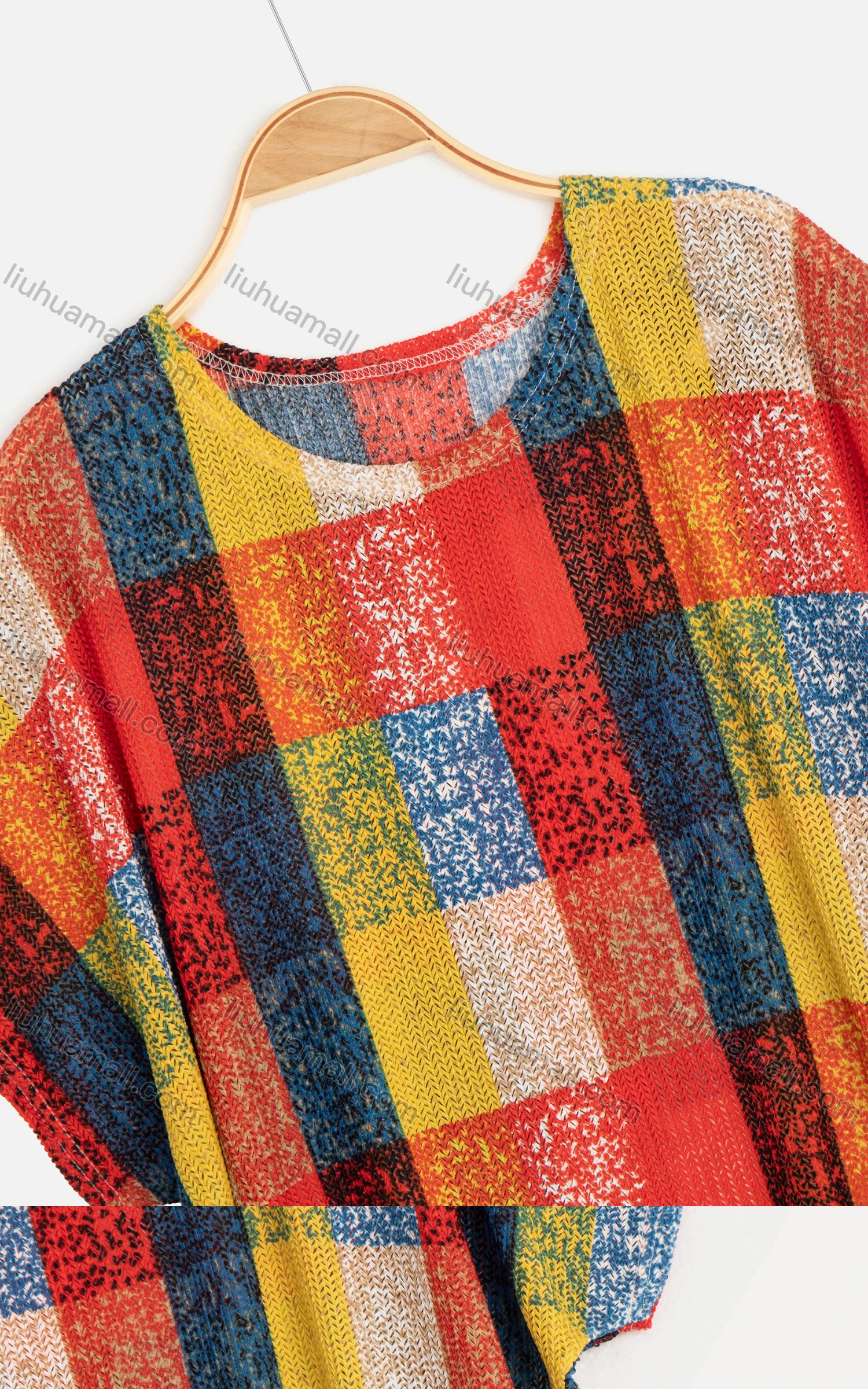 Wholesale Women's Plaid Round Neck Drop Shoulder Short Sleeve Knit Top - Liuhuamall